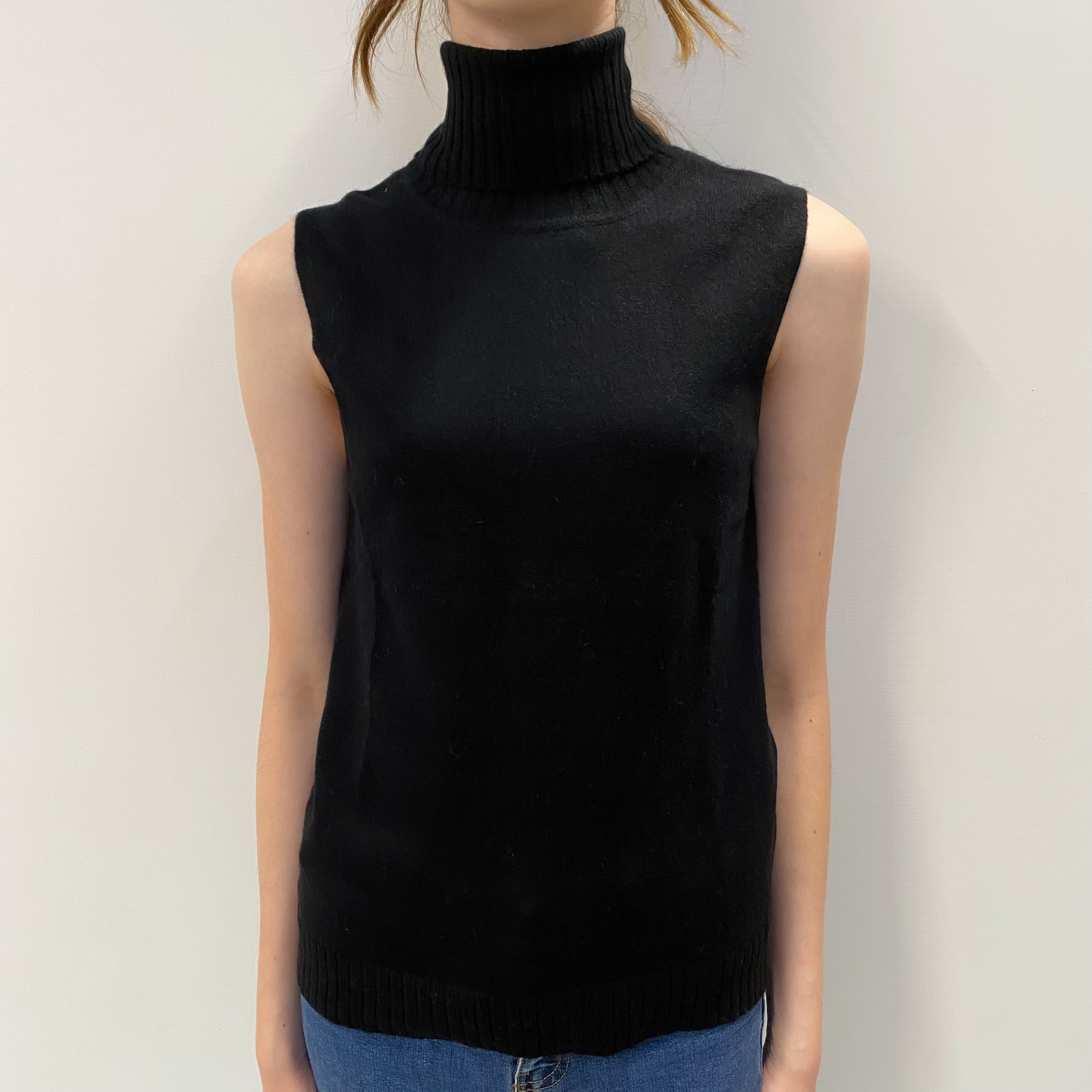 Black Cashmere Sleeveless Polo Neck Jumper Extra Small