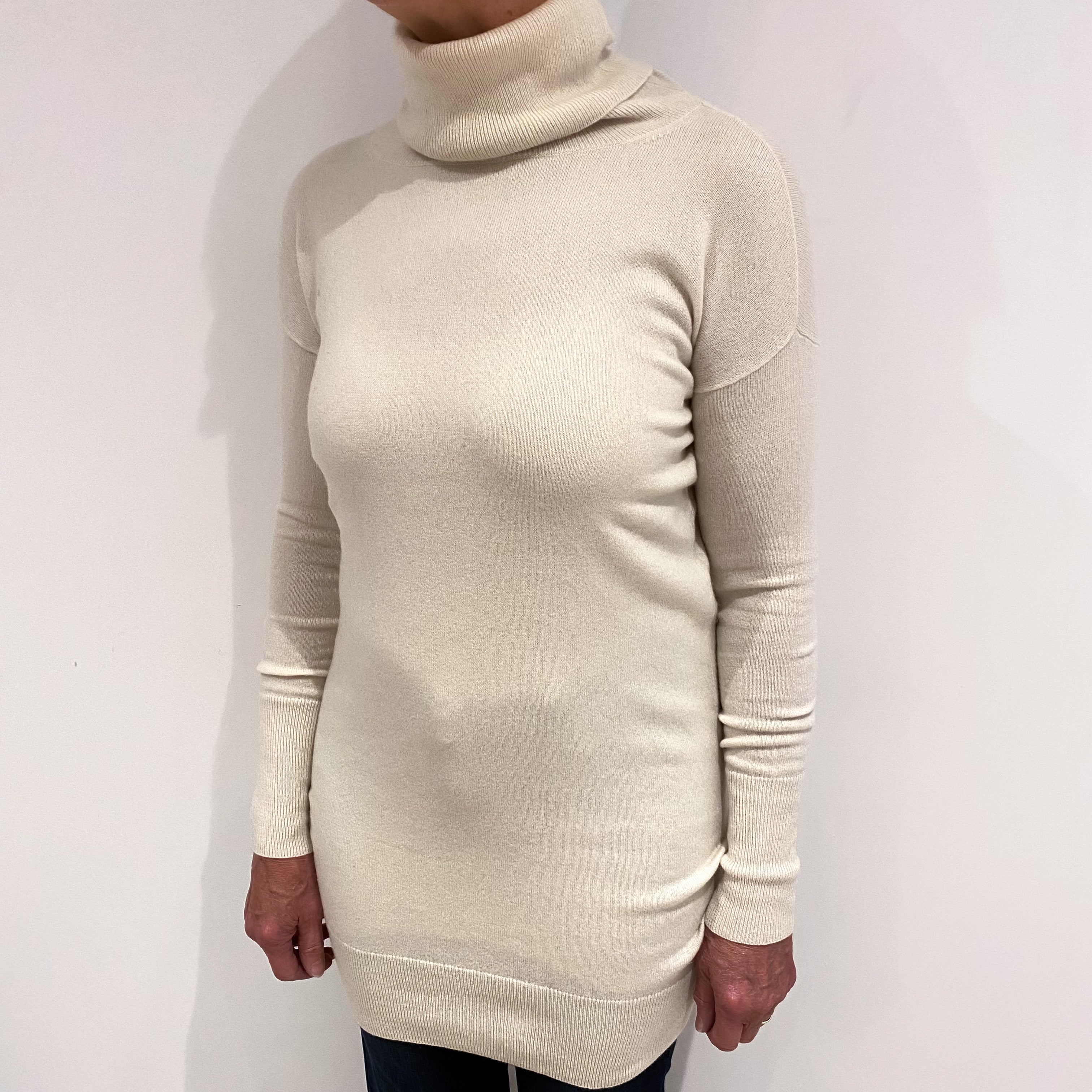Ivory Cream Cashmere Longline Roll Neck Jumper Medium
