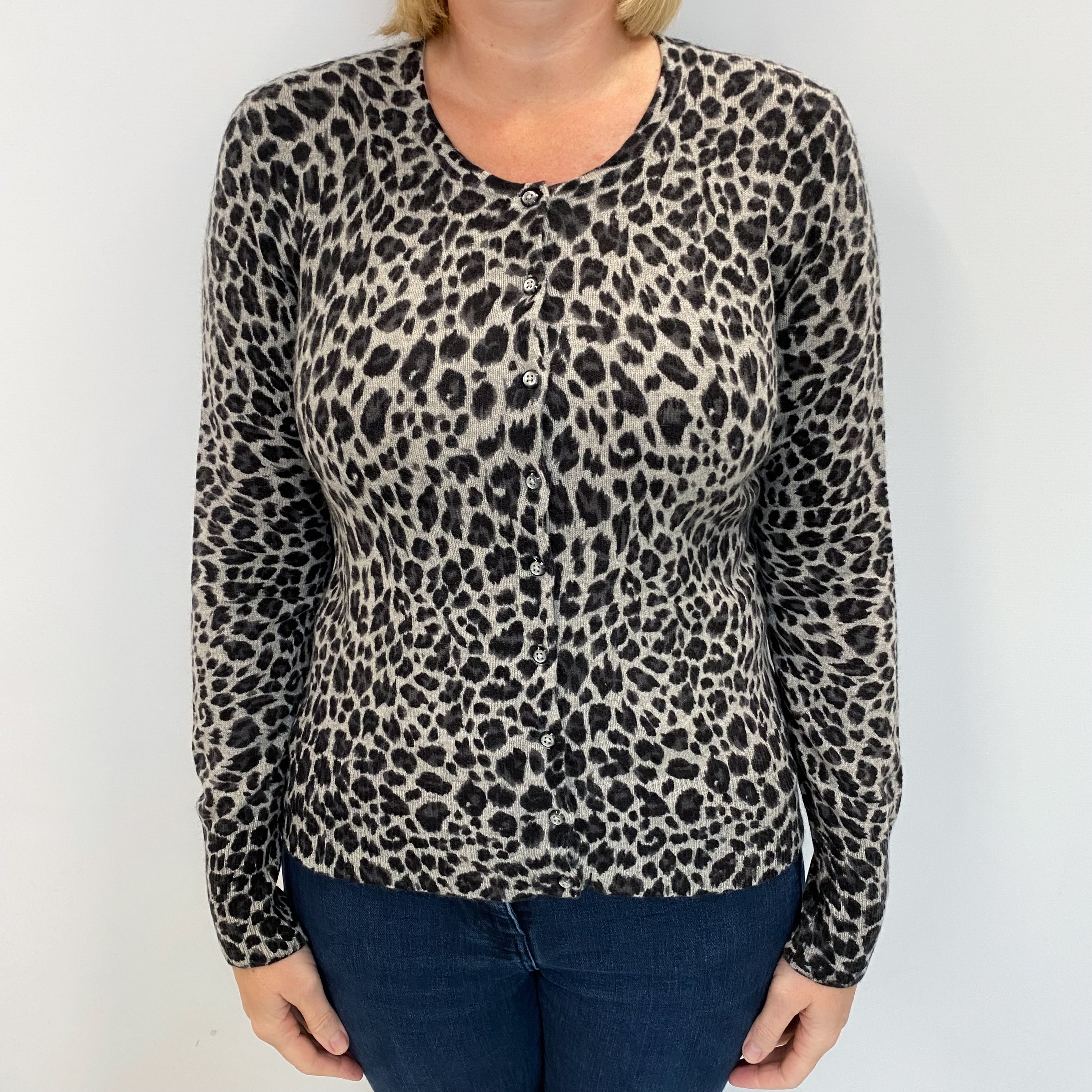 Grey Animal Print Cashmere Crew Neck Cardigan Large