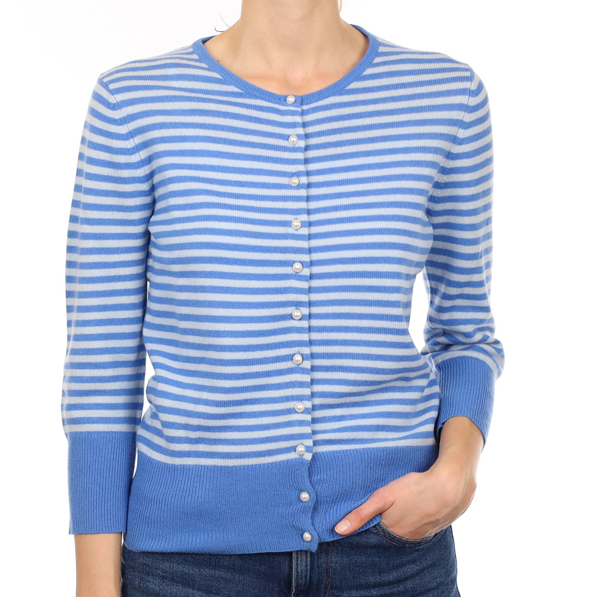 Blue Striped 3/4 Sleeve Cashmere Crew Neck Cardigan Small