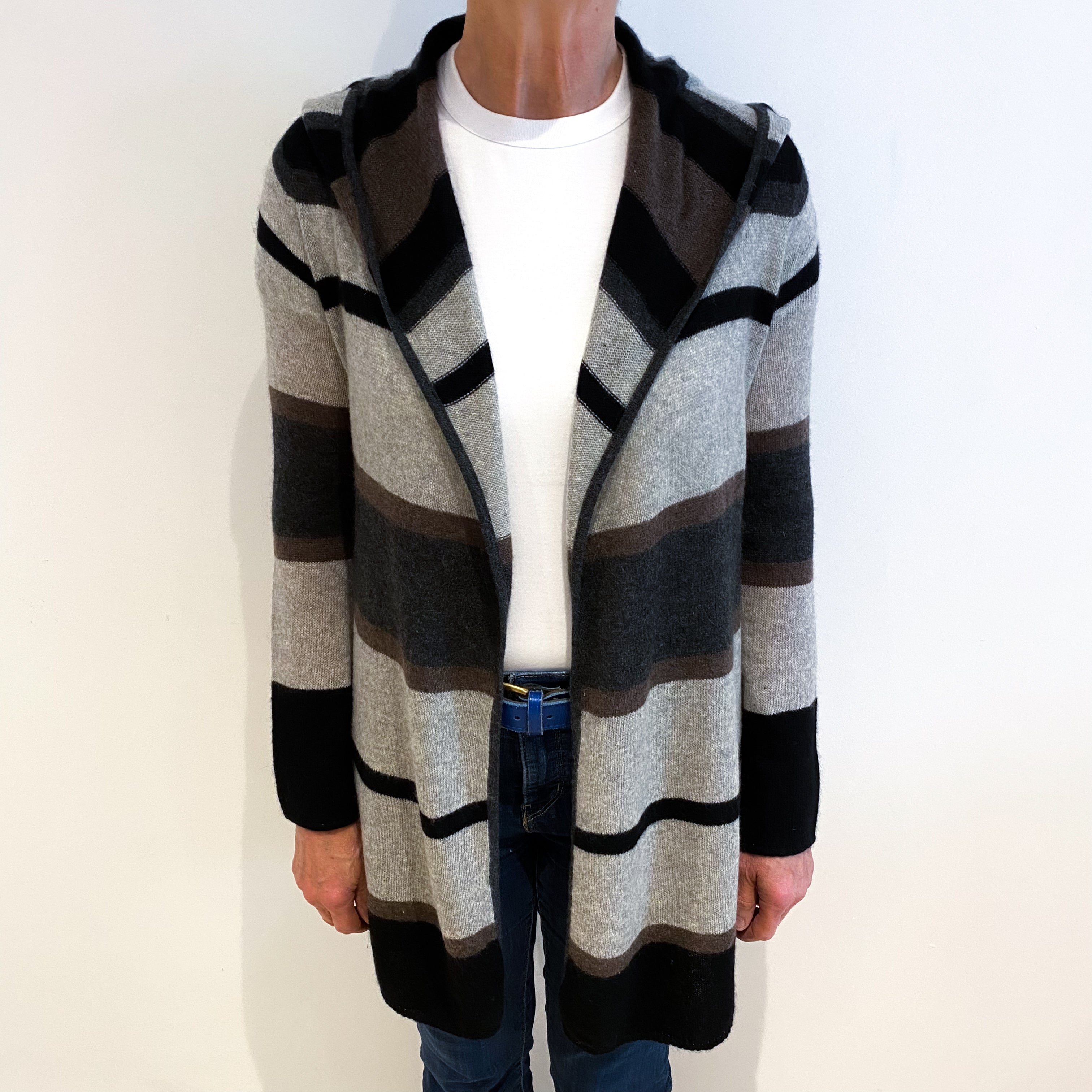 Grey And Brown Stripe Cashmere Cardigan Medium