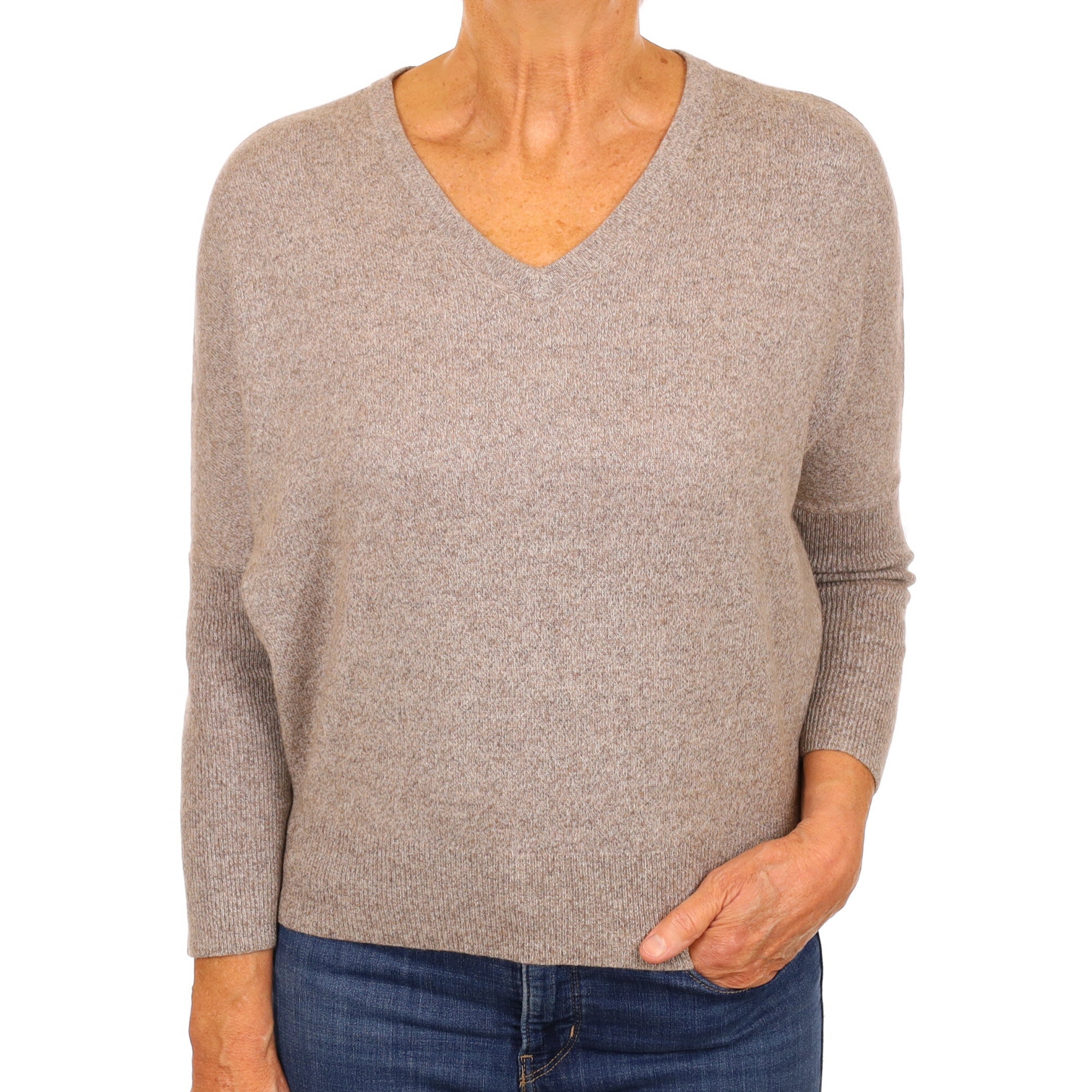 Mocha Brown Marl Cashmere V Neck Jumper Medium