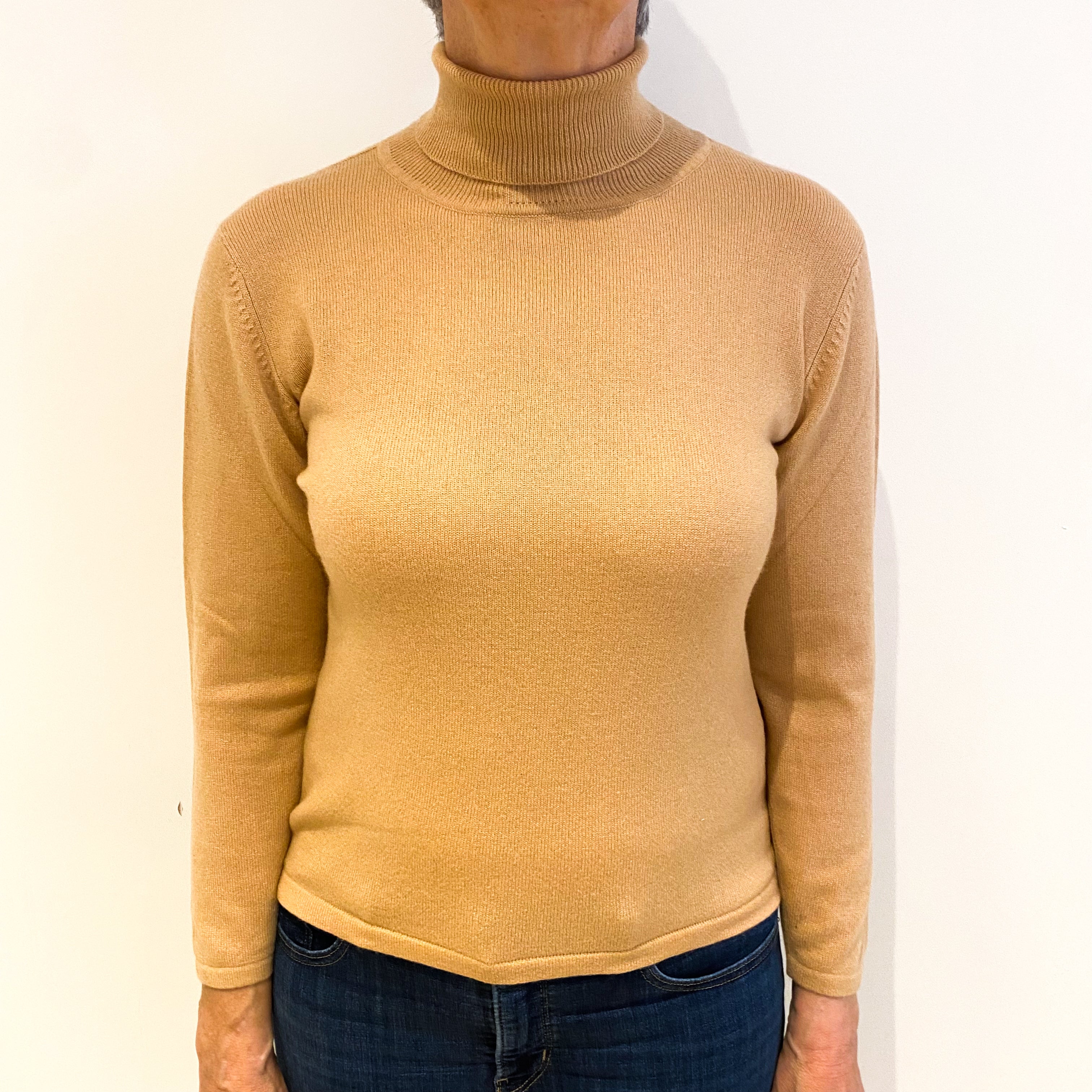 Camel Brown Cashmere Polo Neck Jumper Medium