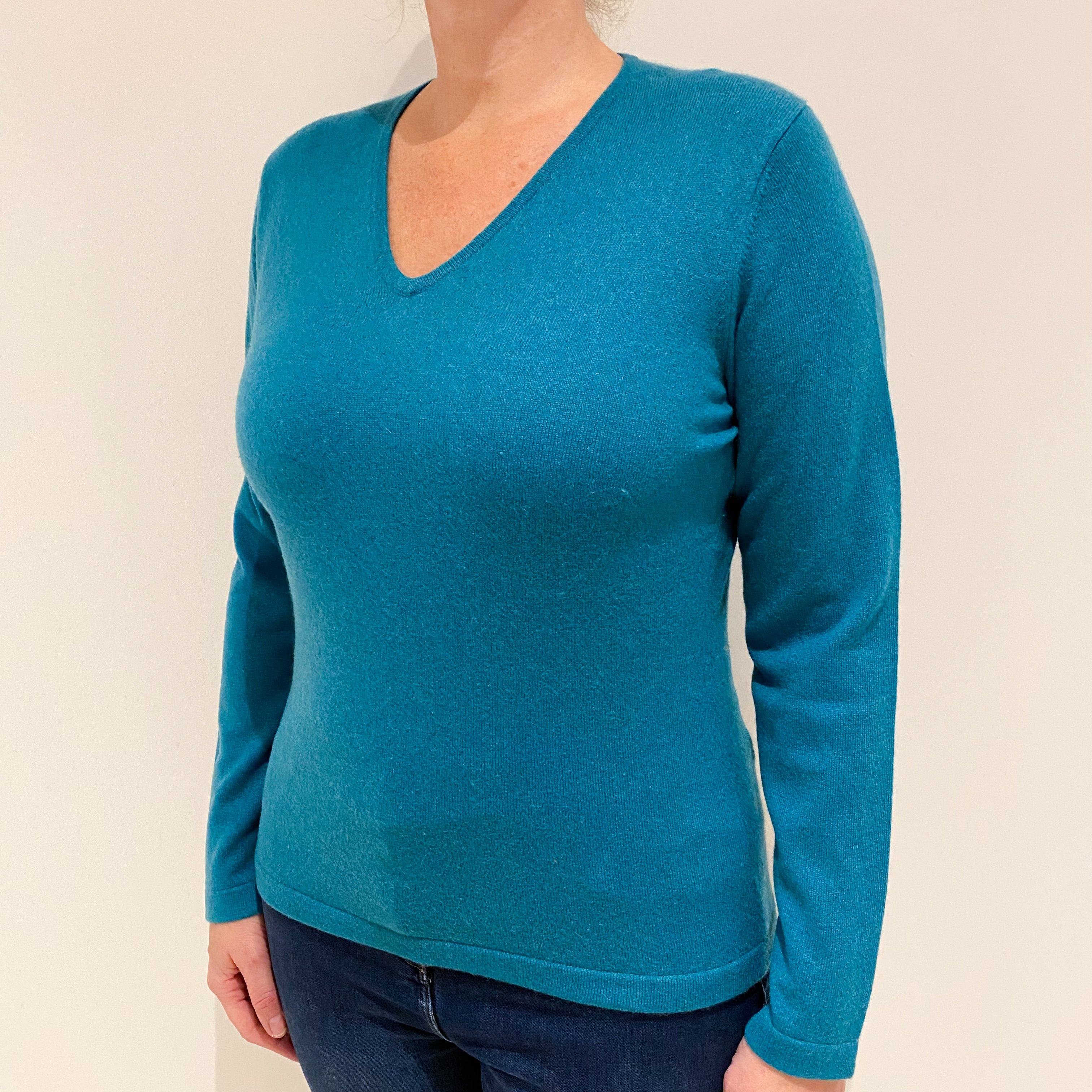 Deep Sea Green Cashmere V-Neck Jumper Large