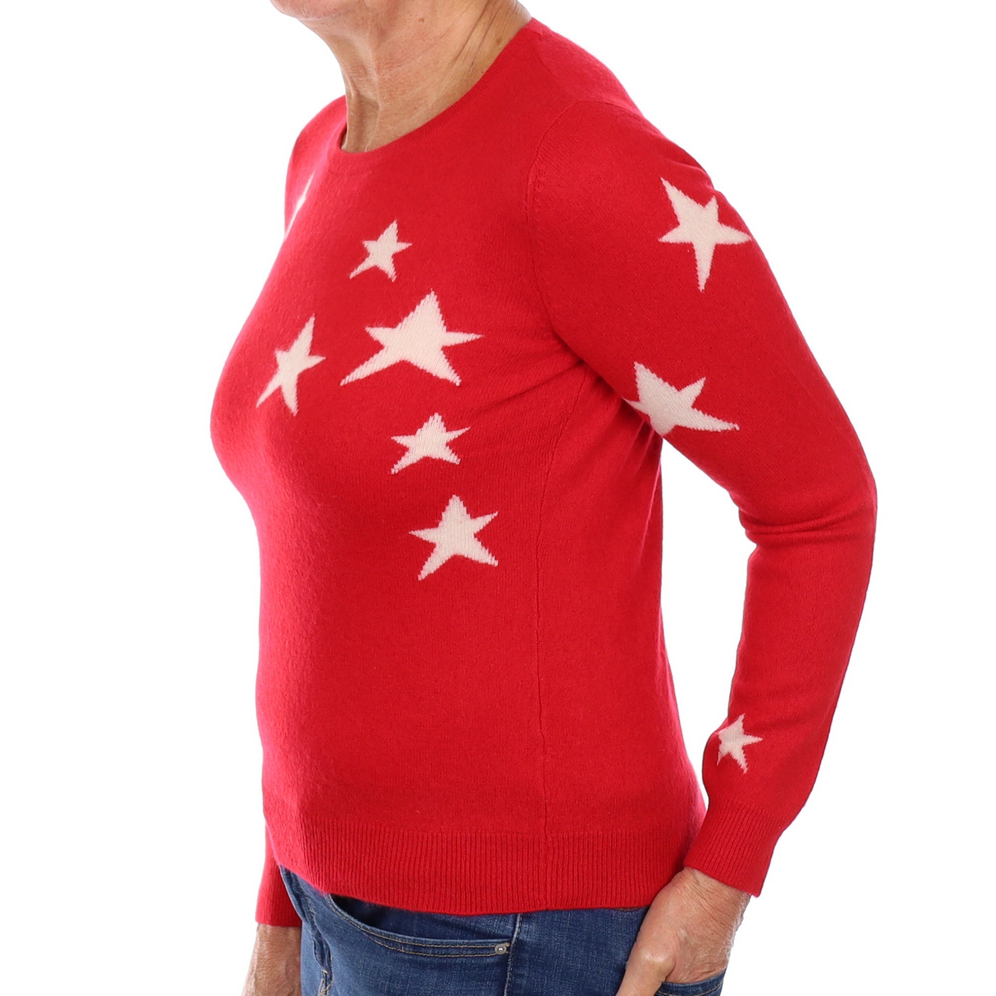 Red White Star Cashmere Crew Neck Jumper Medium