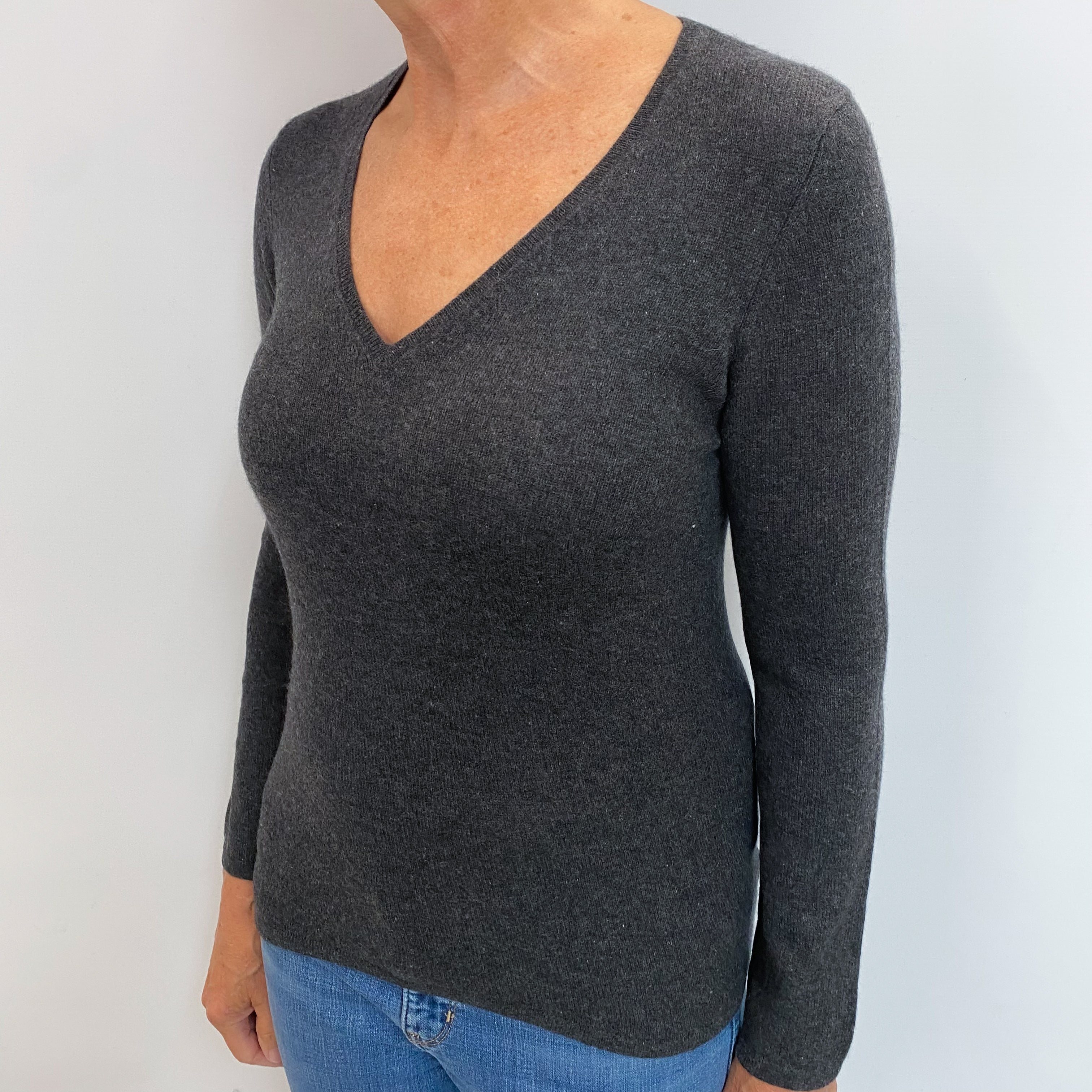 Charcoal Grey Cashmere V Neck Jumper Medium