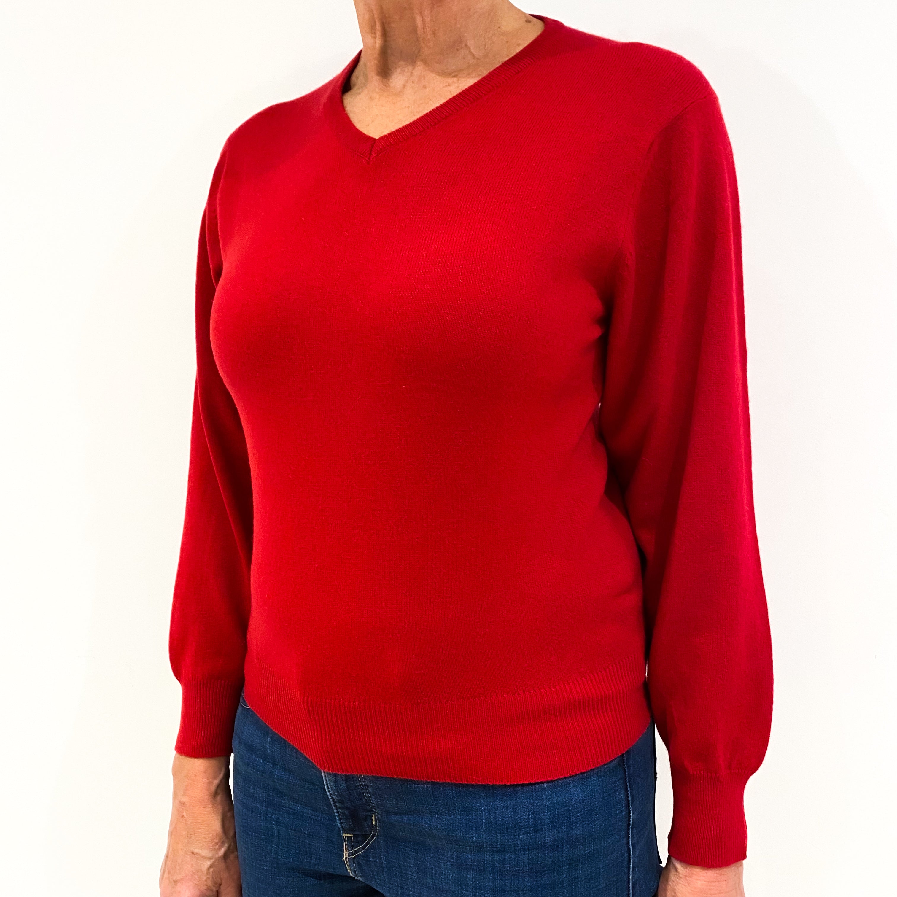 Post Box Red Cashmere V-Neck Jumper Medium
