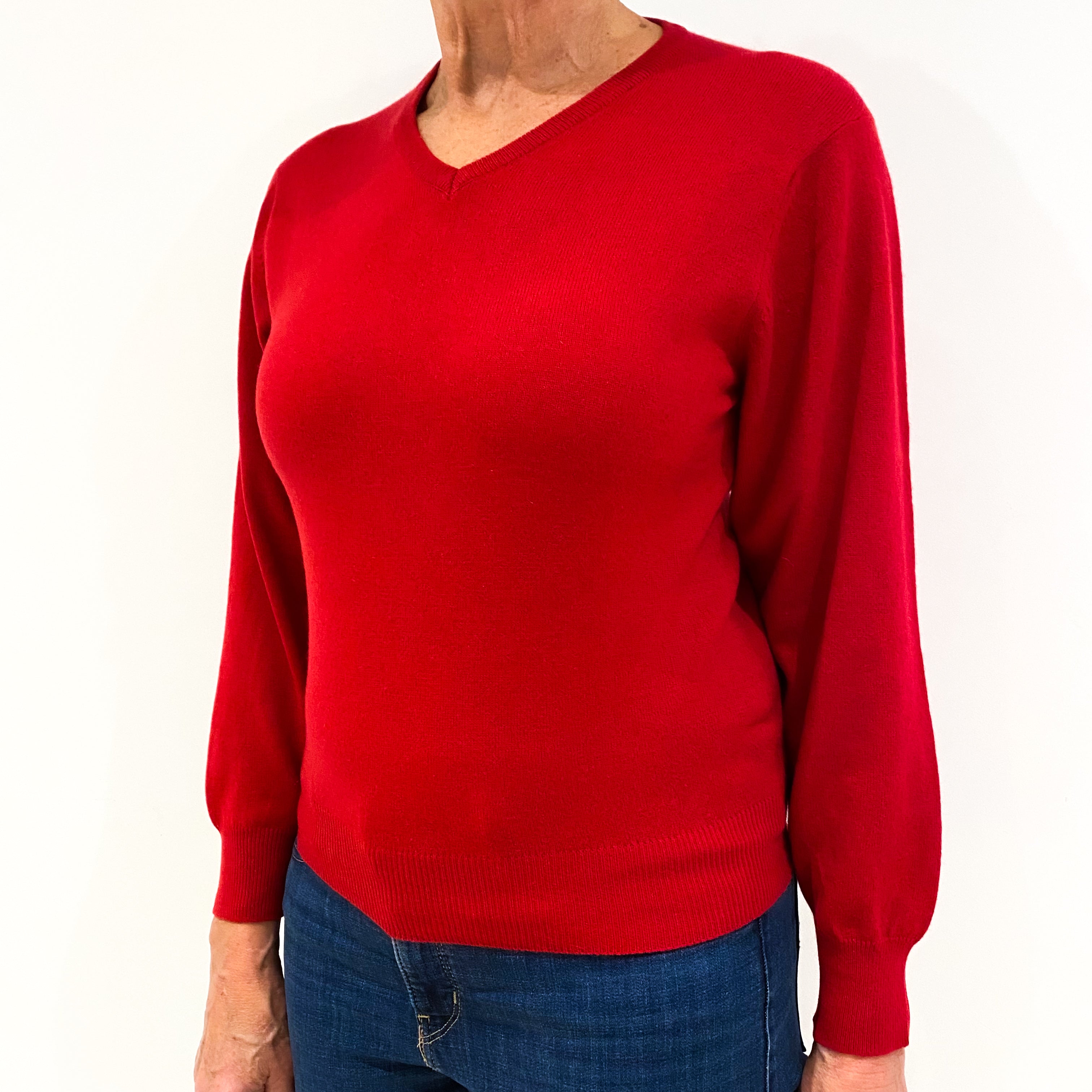 Post Box Red Cashmere V-Neck Jumper Medium