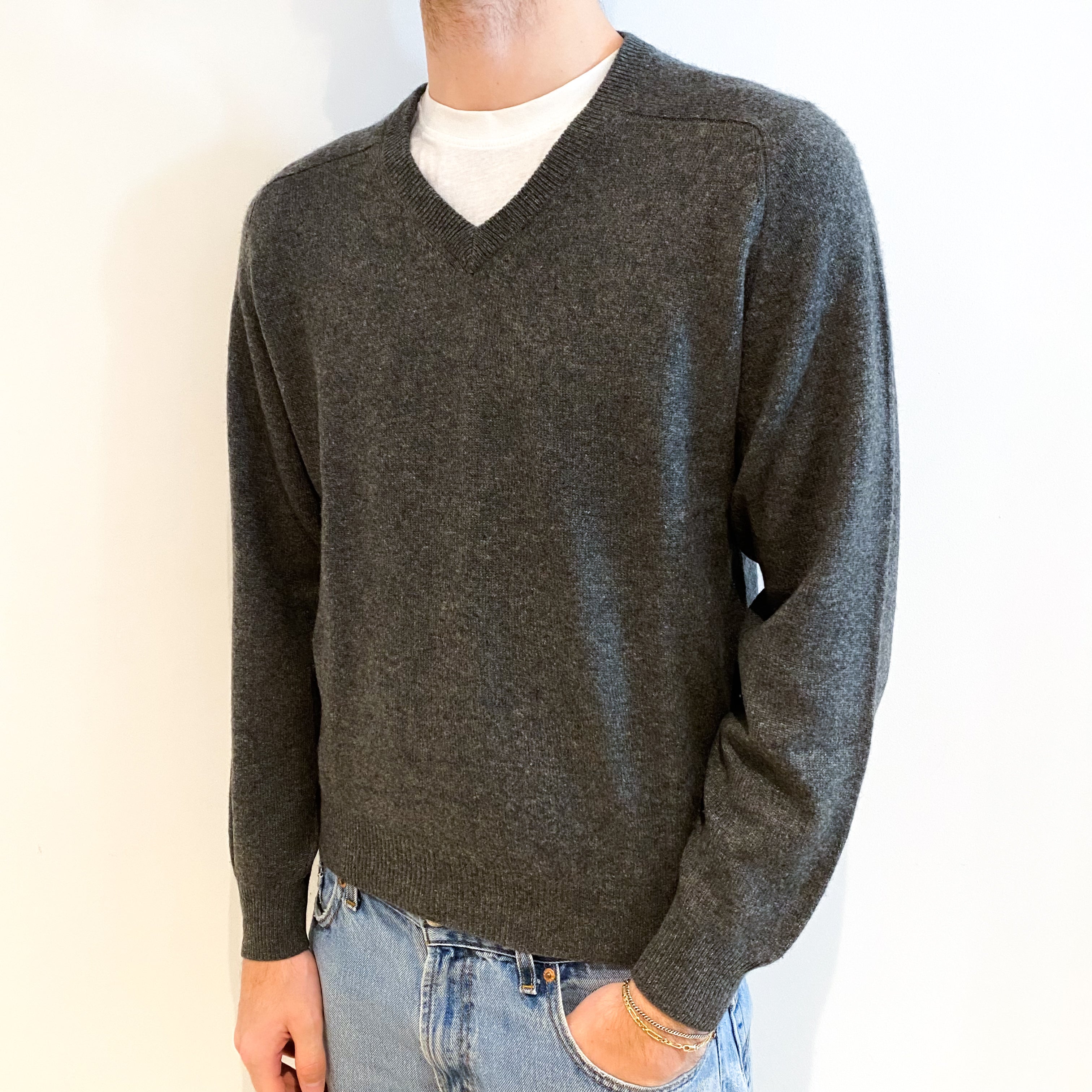 Men's Slate Grey Cashmere V Neck Jumper Large