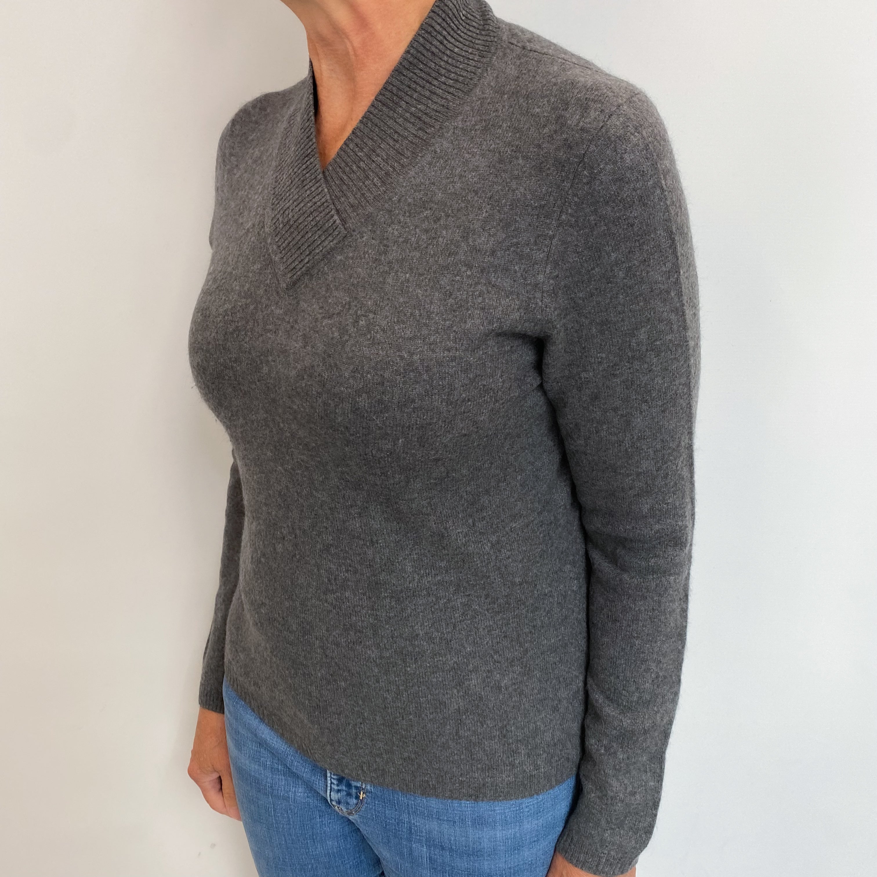Slate Grey Cashmere V Neck Jumper Medium