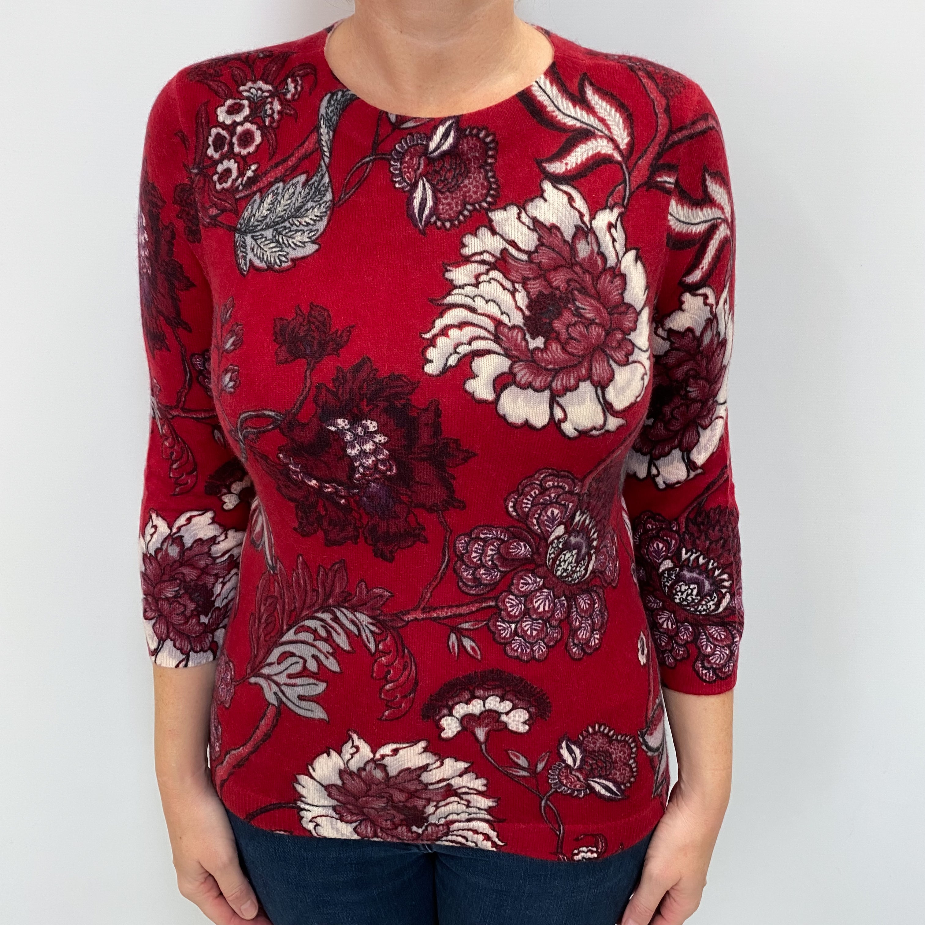 Red Floral Cashmere Crew Neck Jumper Large
