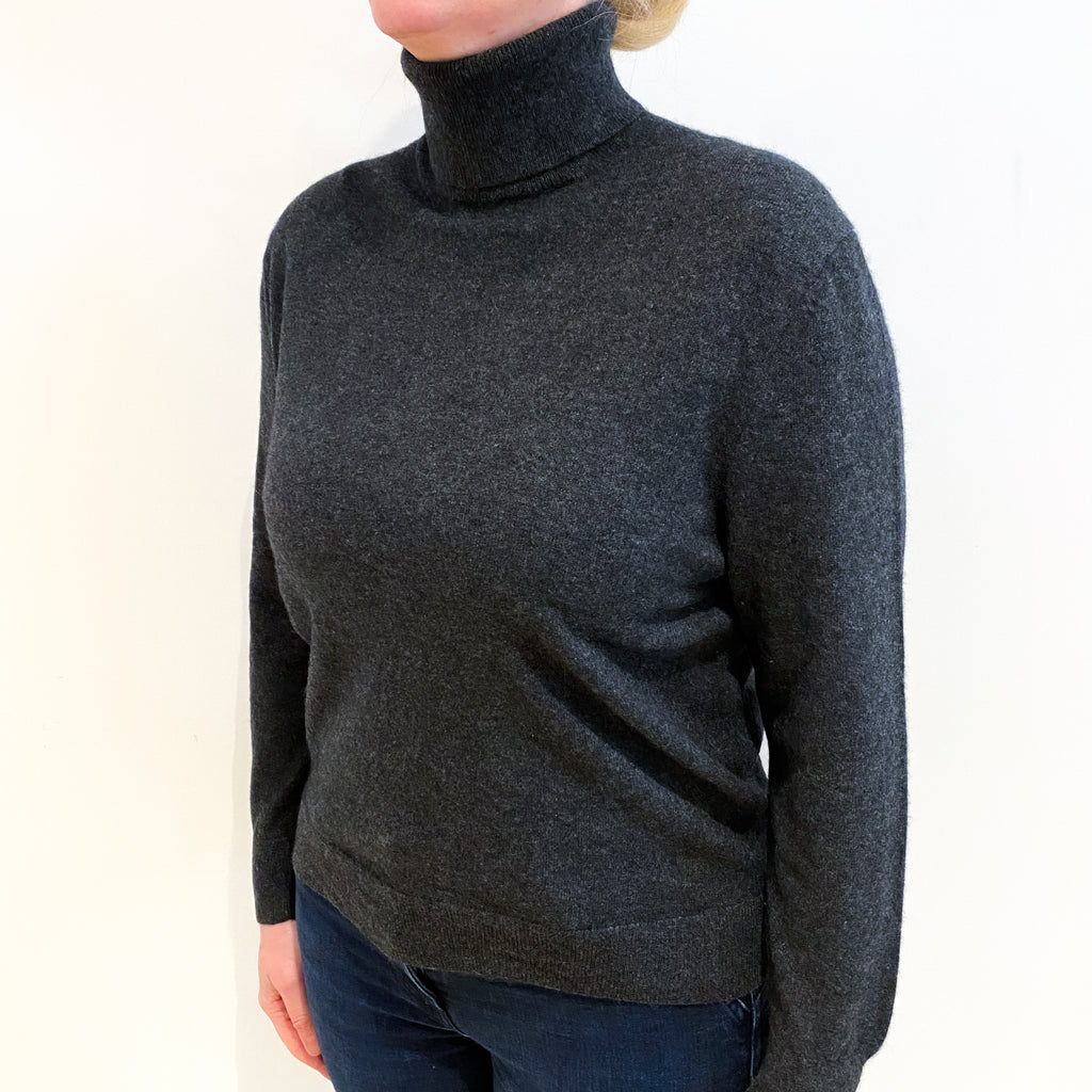 Charcoal Grey Cashmere Polo Neck Jumper Large