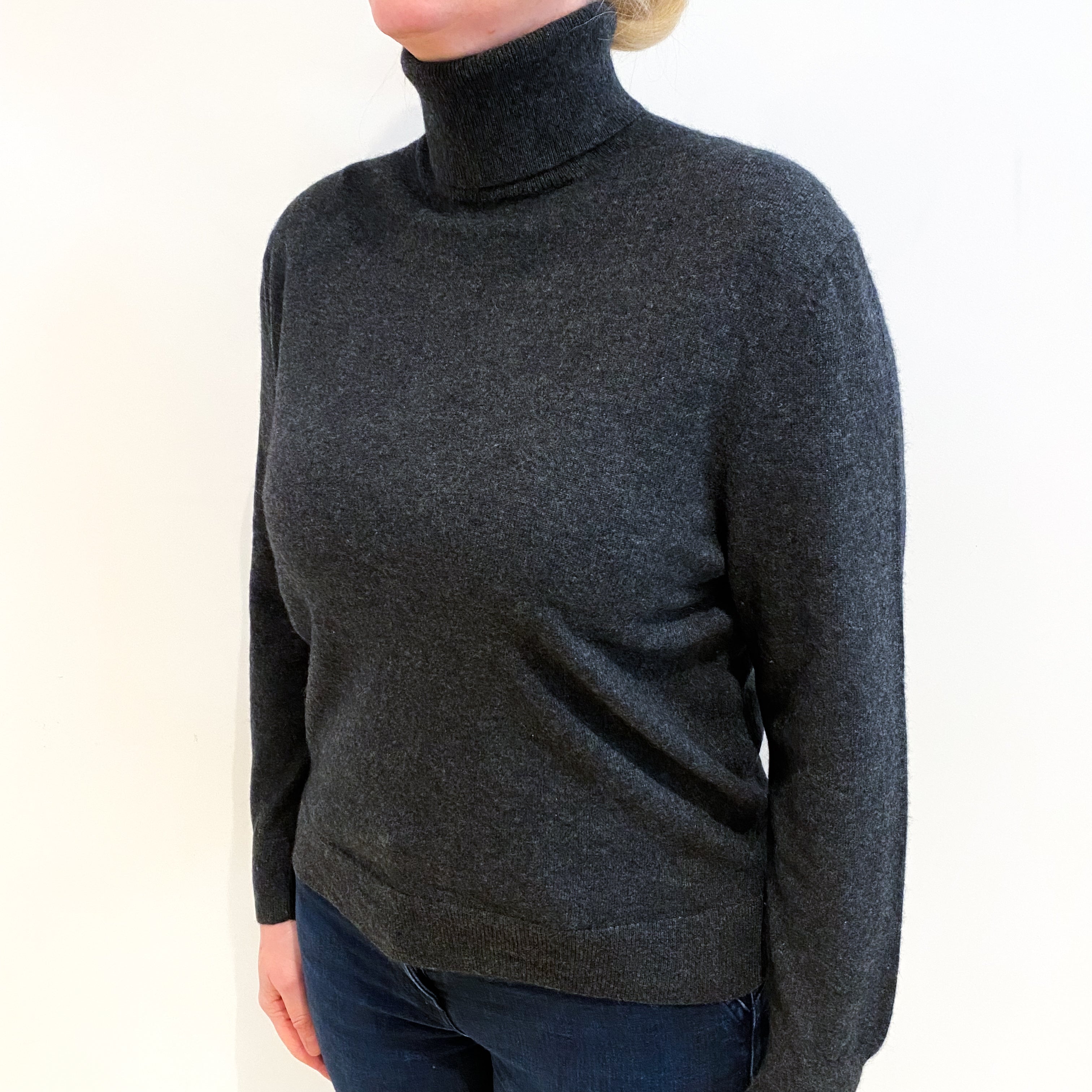 Charcoal Grey Cashmere Polo Neck Jumper Large