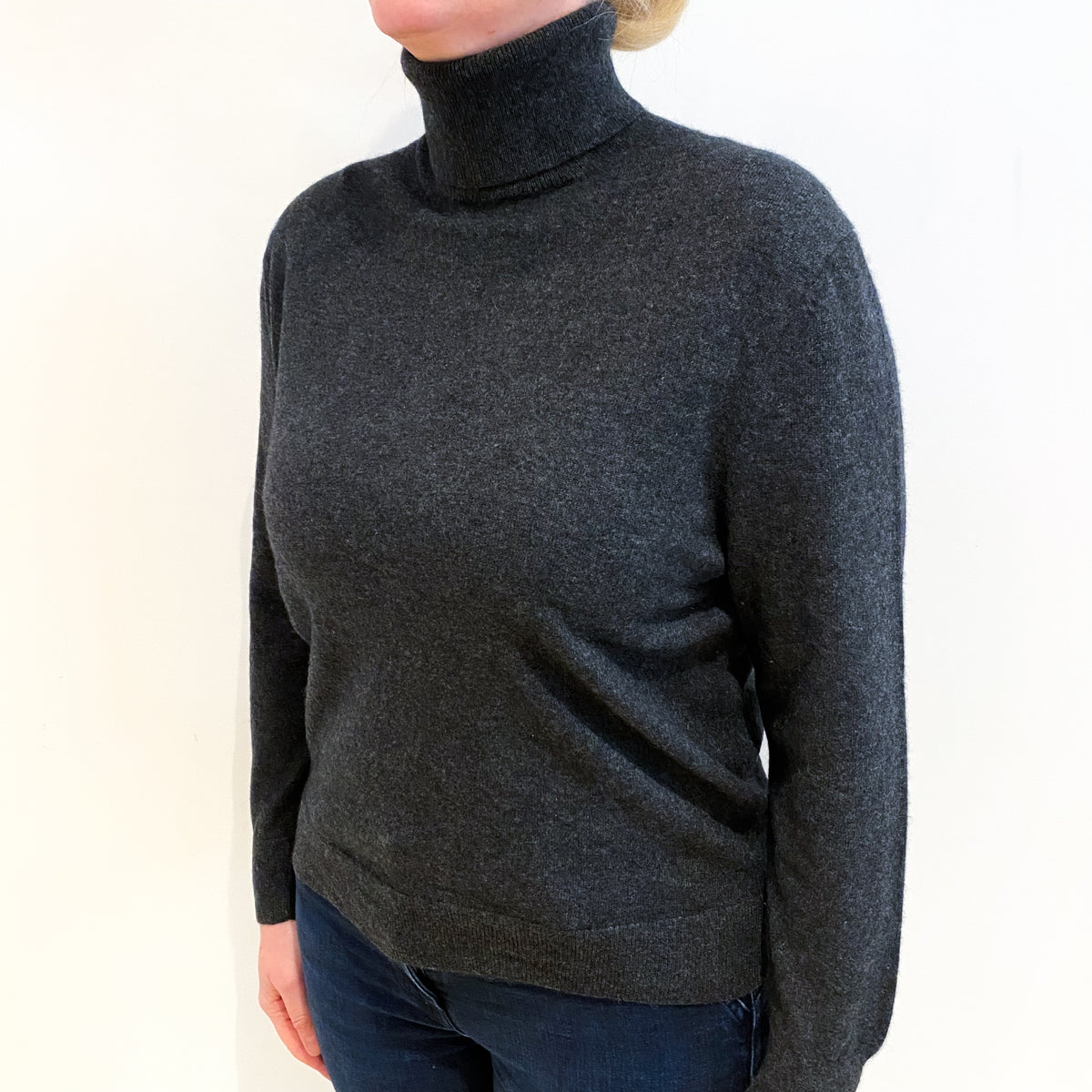 Charcoal Grey Cashmere Polo Neck Jumper Large