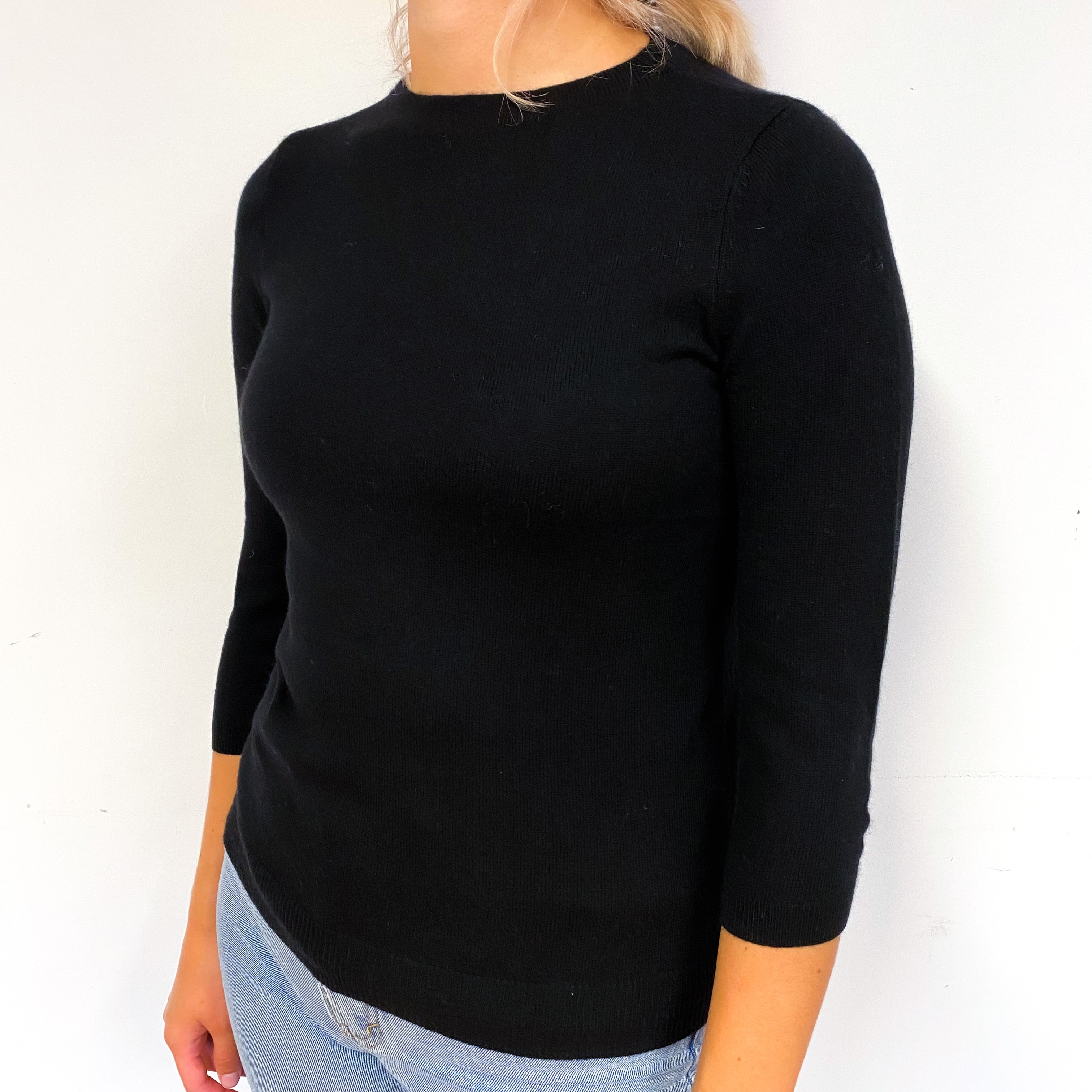 Black 3/4 Sleeved Cashmere Crew Neck Jumper Small