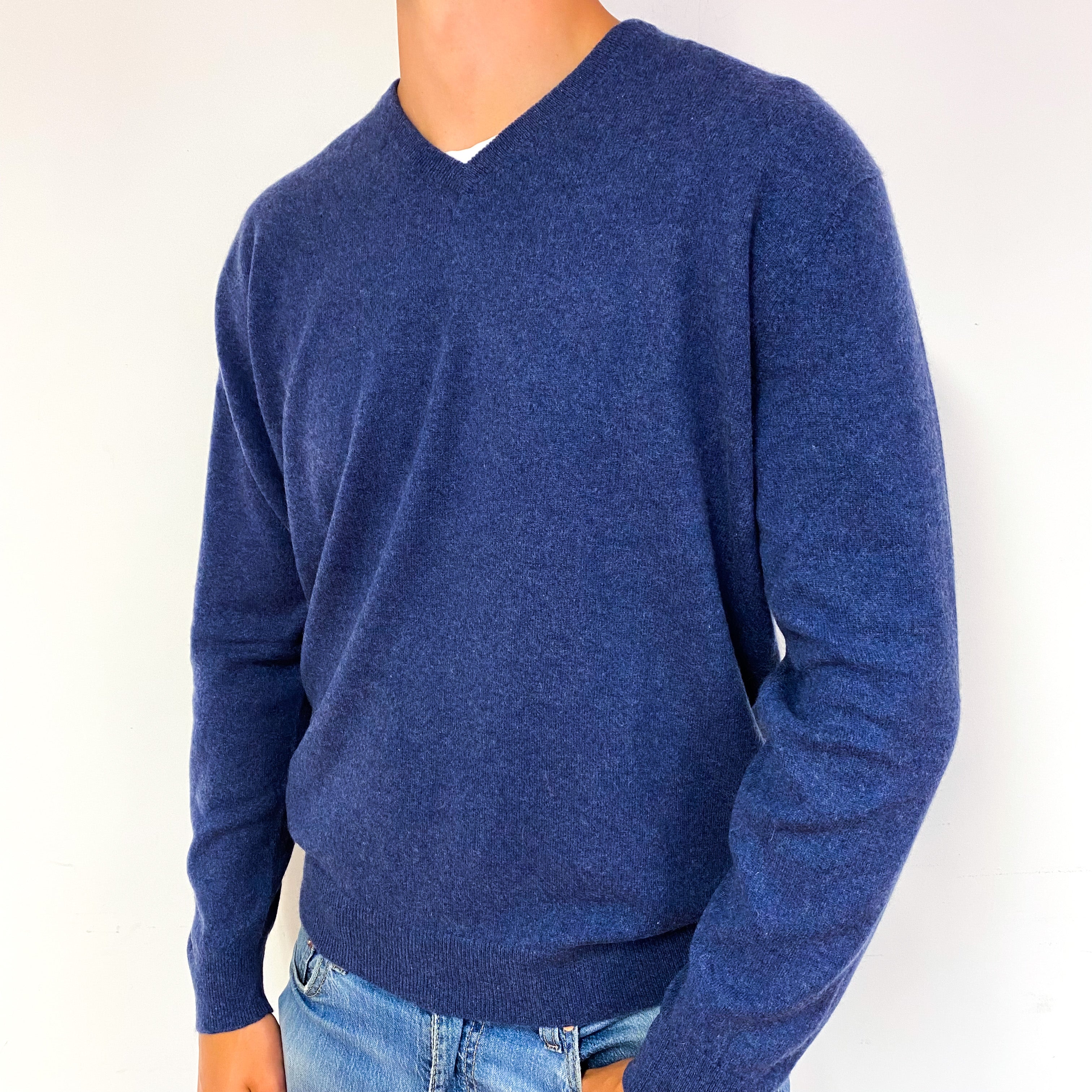 Men's Naval Blue Cashmere V-Neck Jumper Extra Extra Large