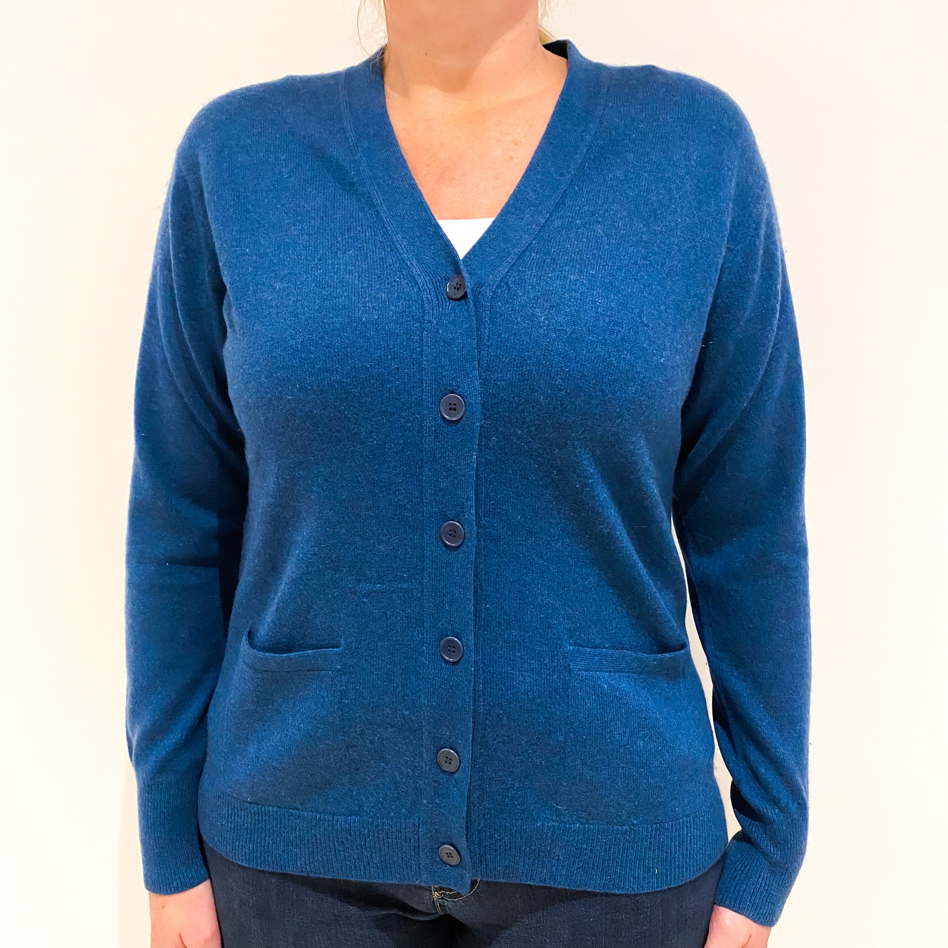 Peacock Blue Cashmere V-Neck Cardigan Large
