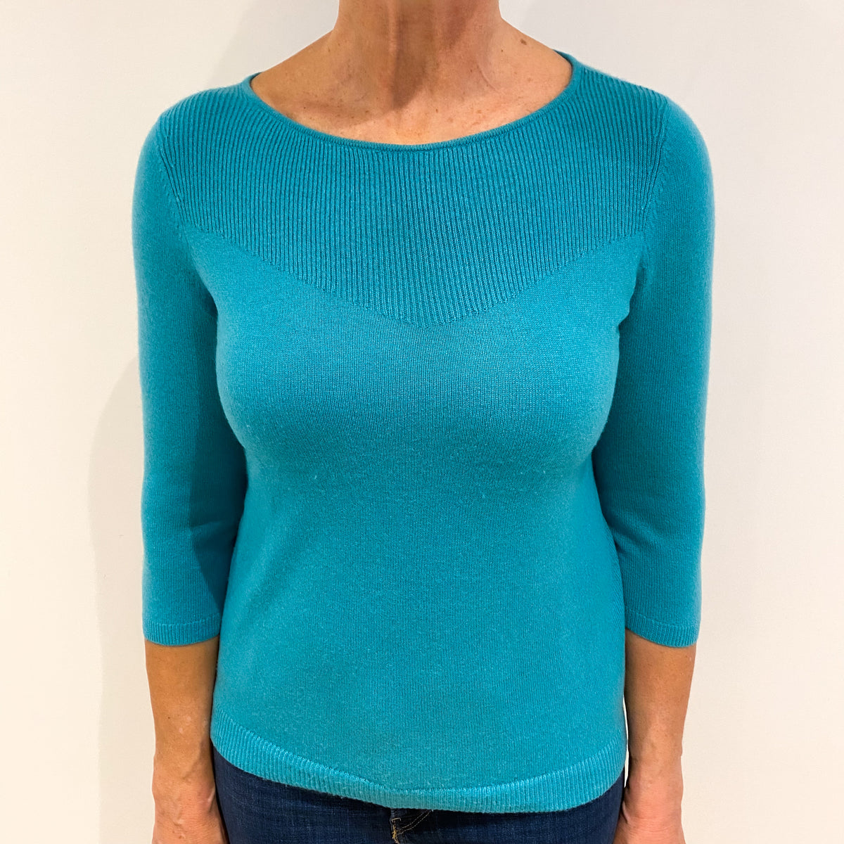 Turquoise 3/4 Sleeve Cashmere Crew Neck Jumper Medium Petite