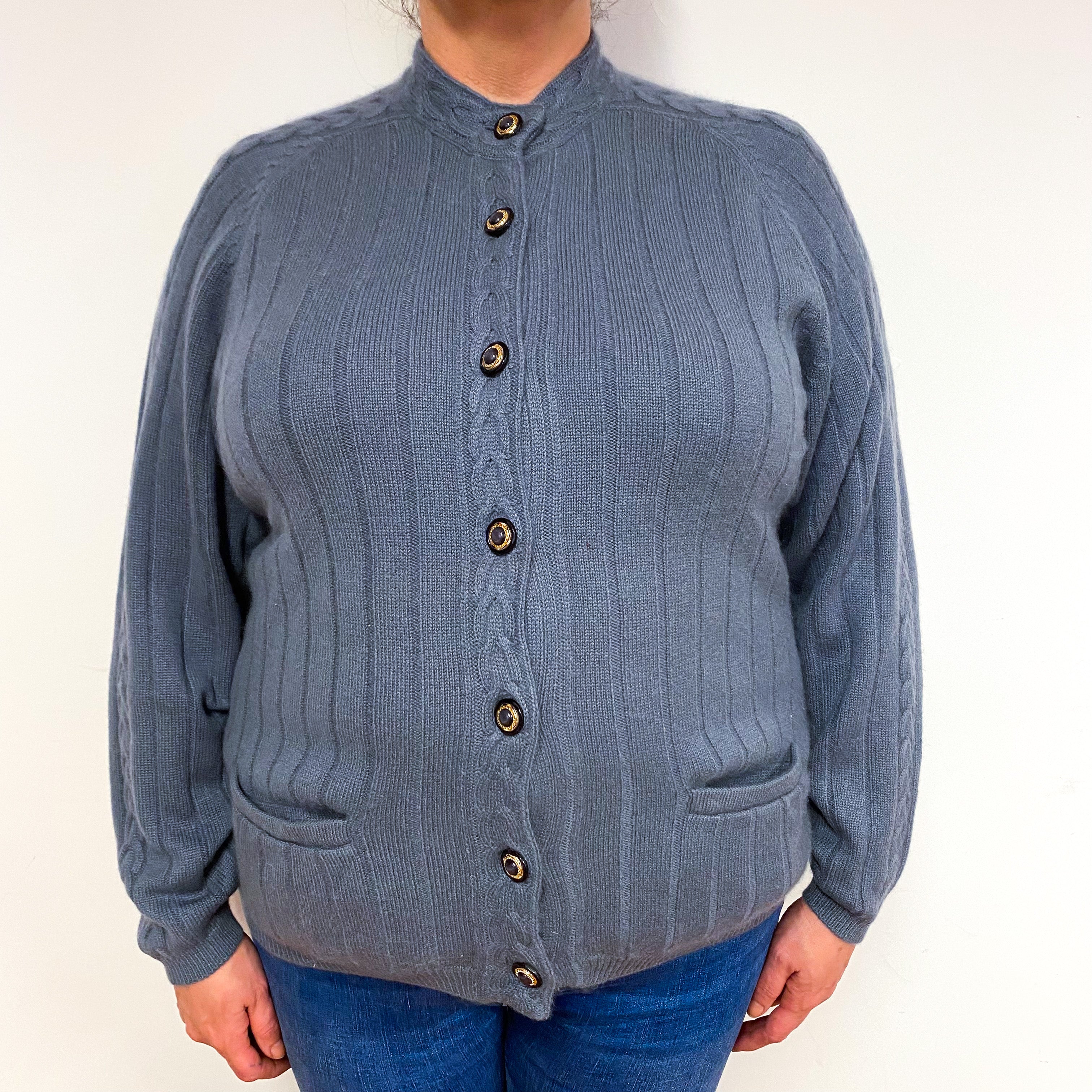 Steel Grey Ribbed Cashmere Heavy Knit Cardigan Extra Large