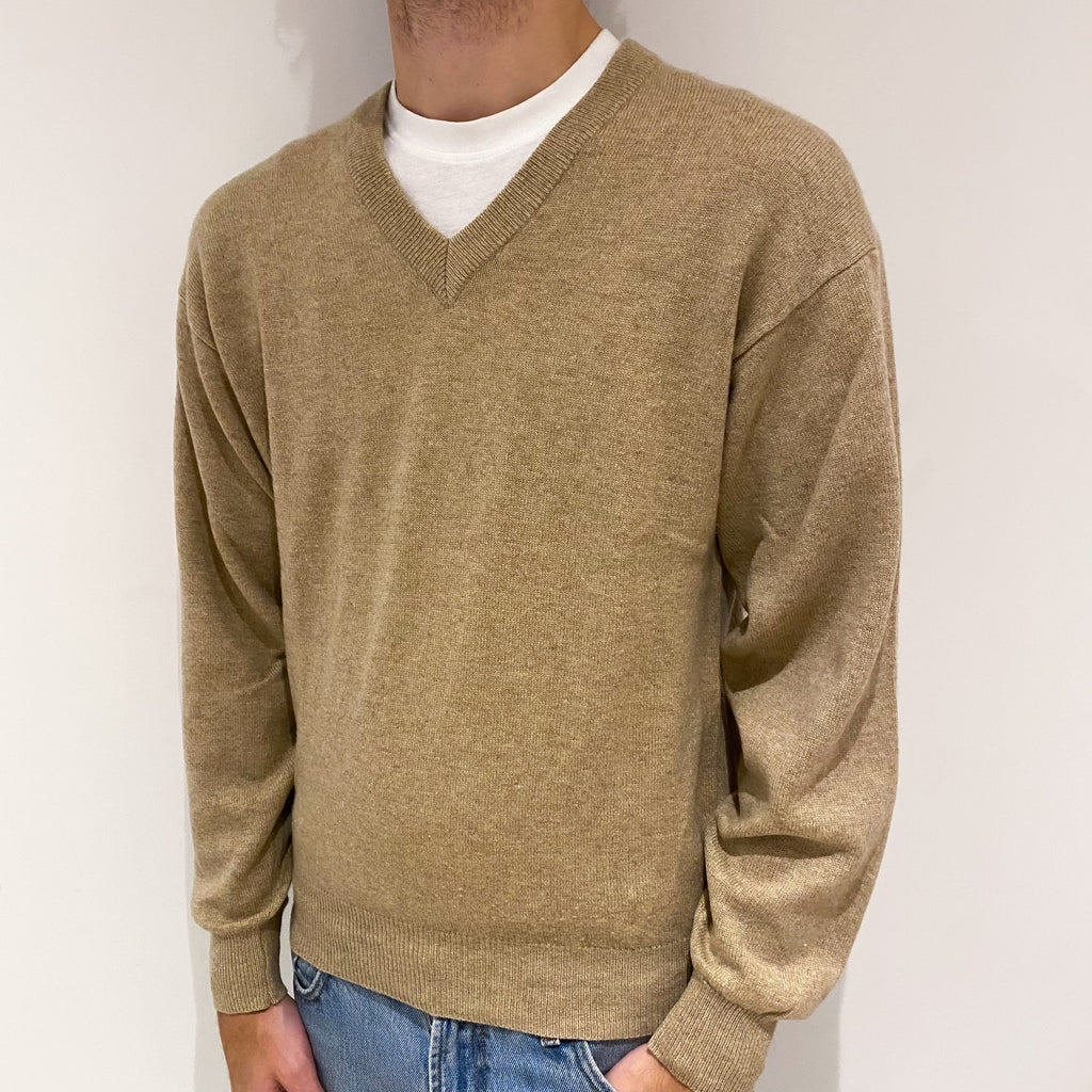 Men's Camel Cashmere V-Neck Jumper Large