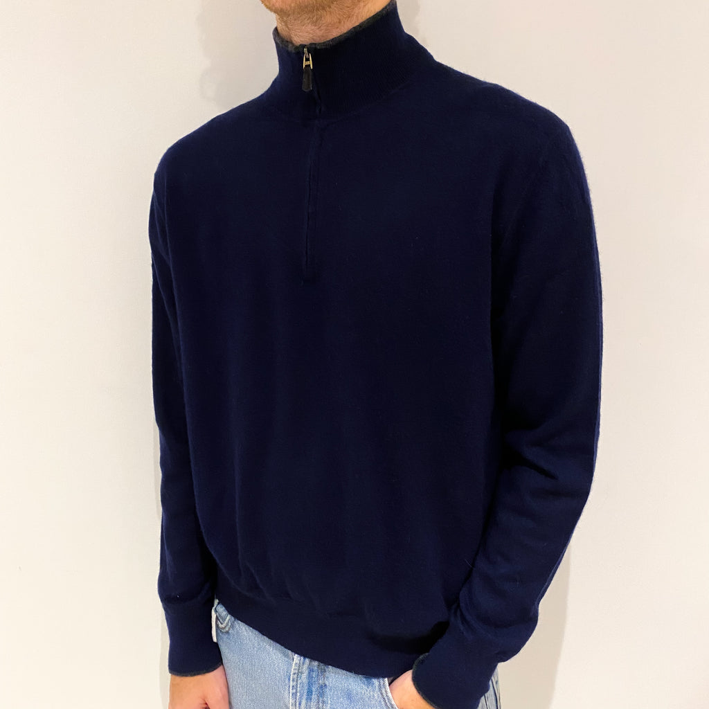Men's Navy Blue Cashmere 1/4 Zip Jumper Large