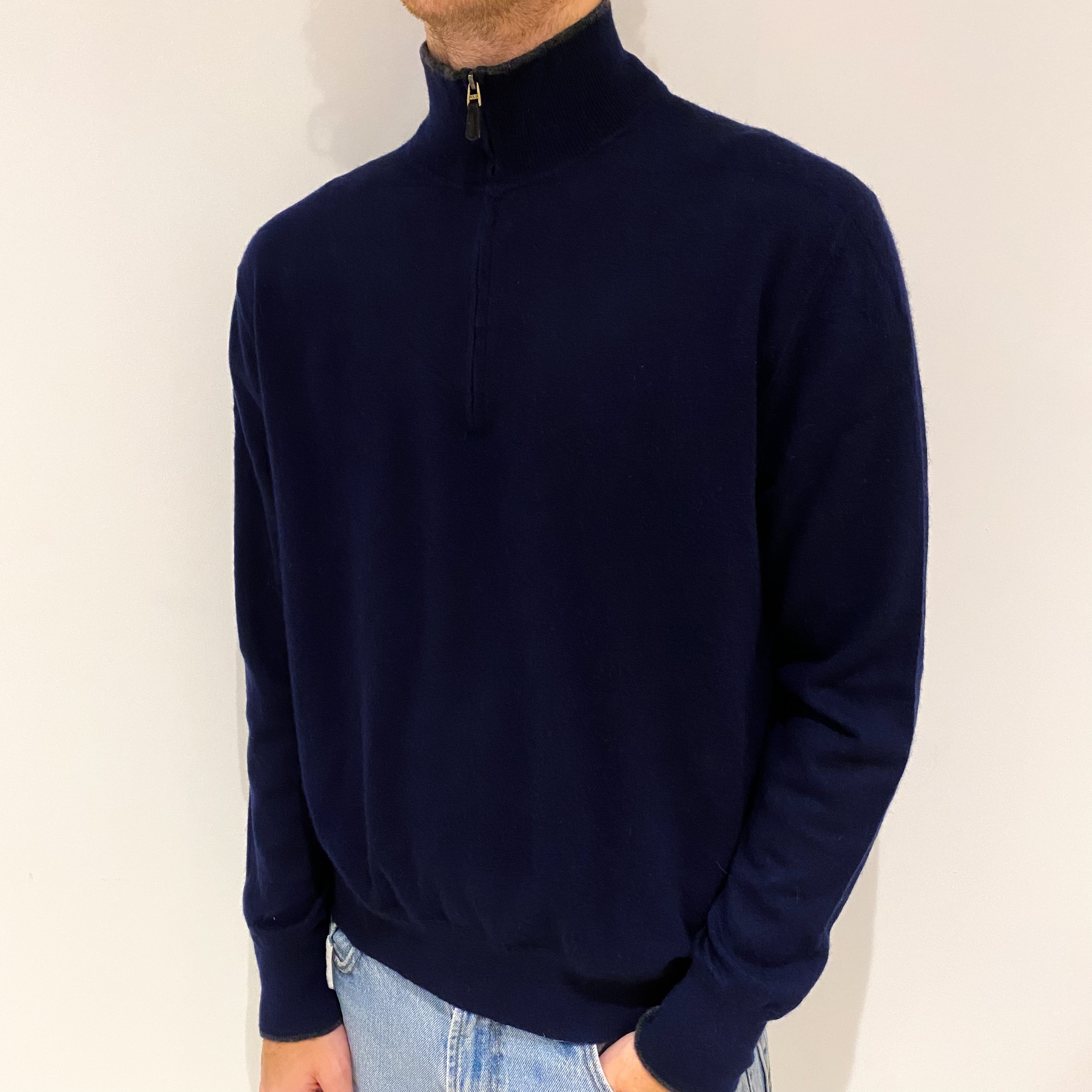 Men's Navy Blue Cashmere 1/4 Zip Jumper Large