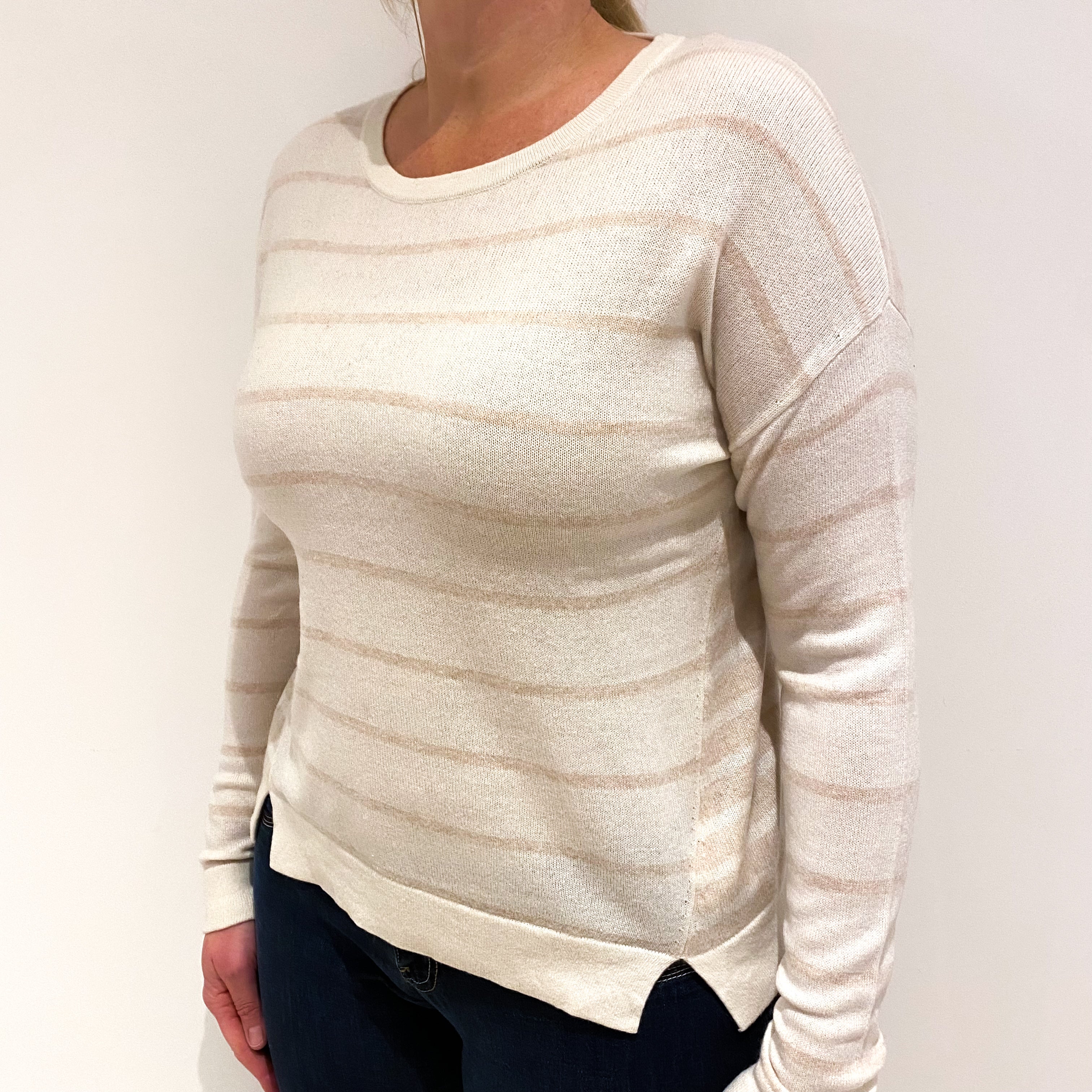 Cream Sand Stripe Cashmere Crew Neck Jumper Large