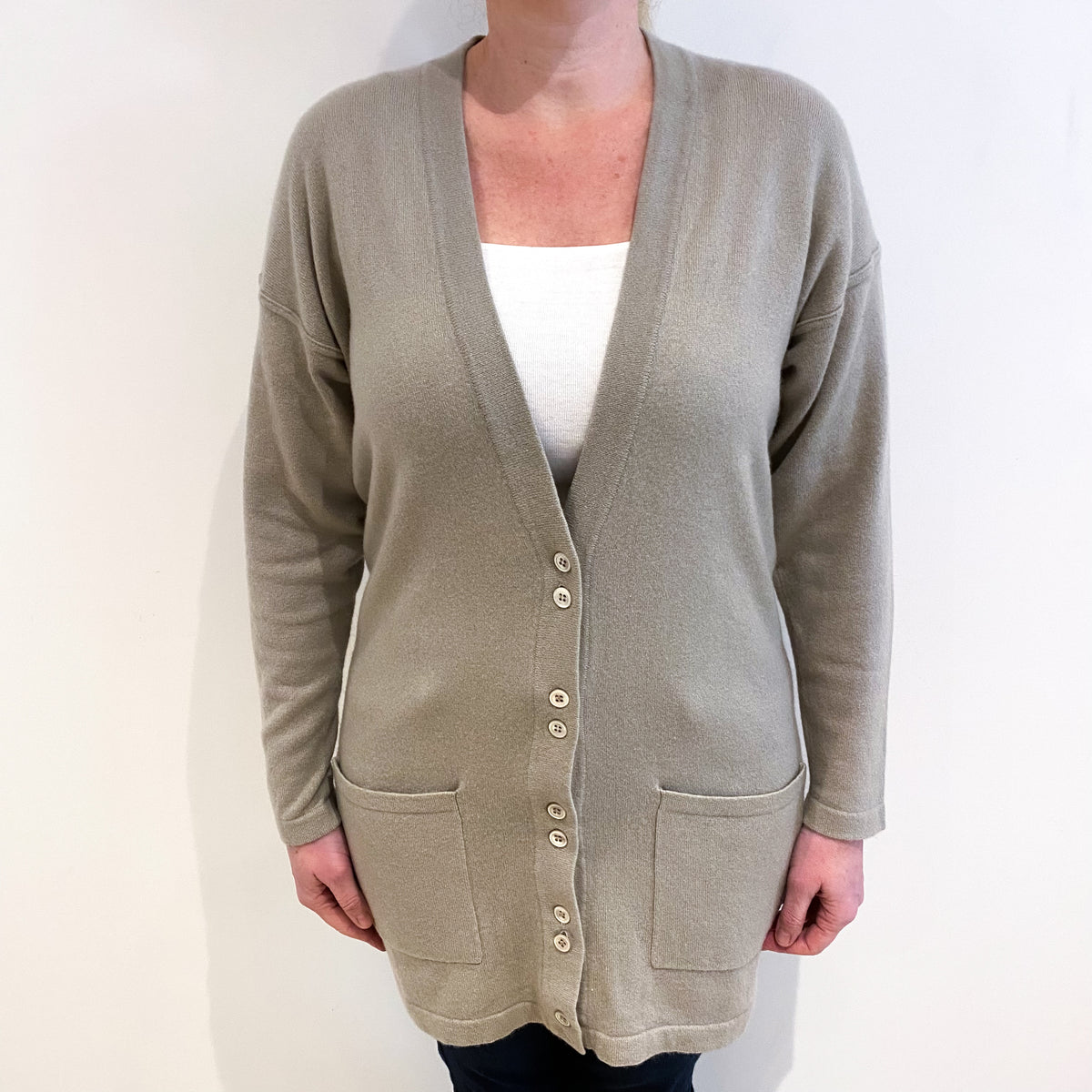 Clay Grey Cashmere V Neck Longline Cardigan With Pockets Large