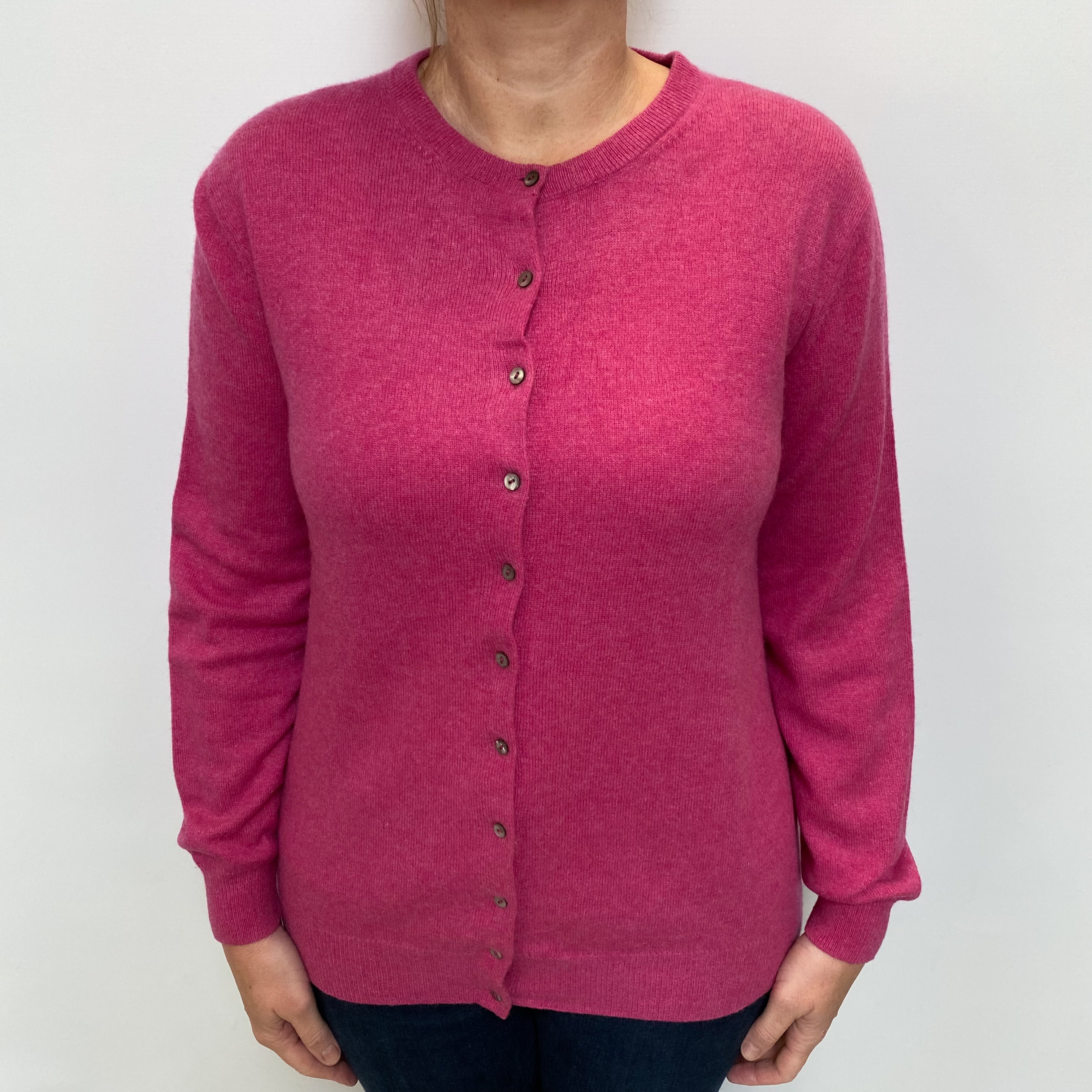 Raspberry Pink Cashmere Crew Neck Cardigan Large