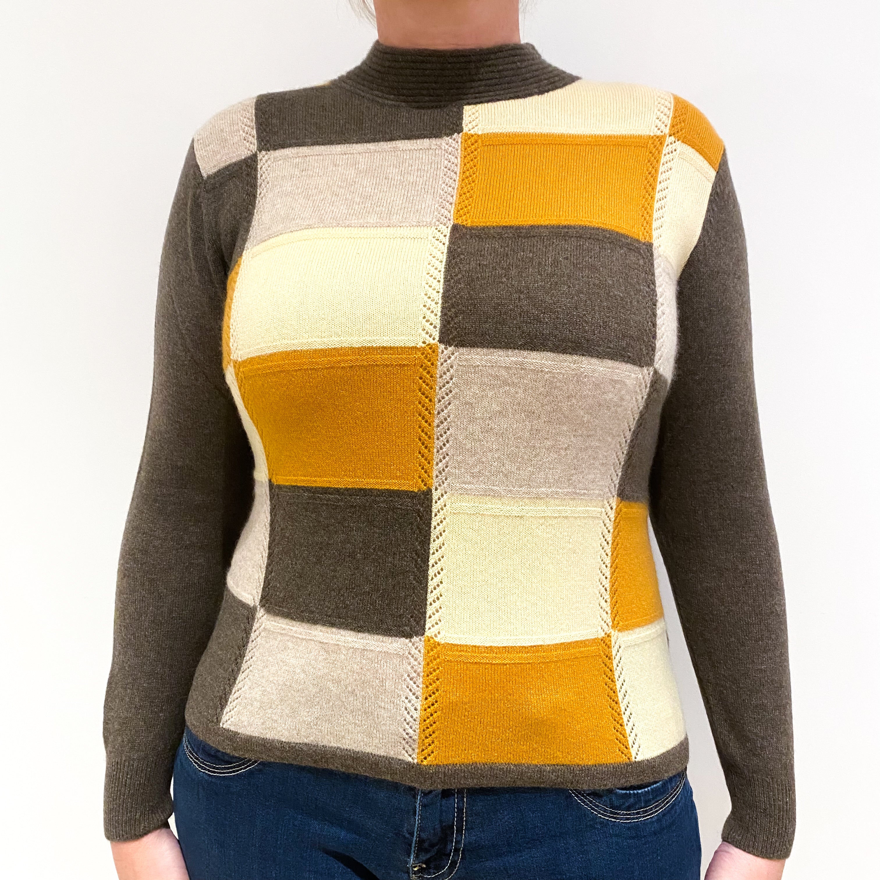Brown, Cream and Yellow Patchwork Front Cashmere Turtle Neck Jumper Large