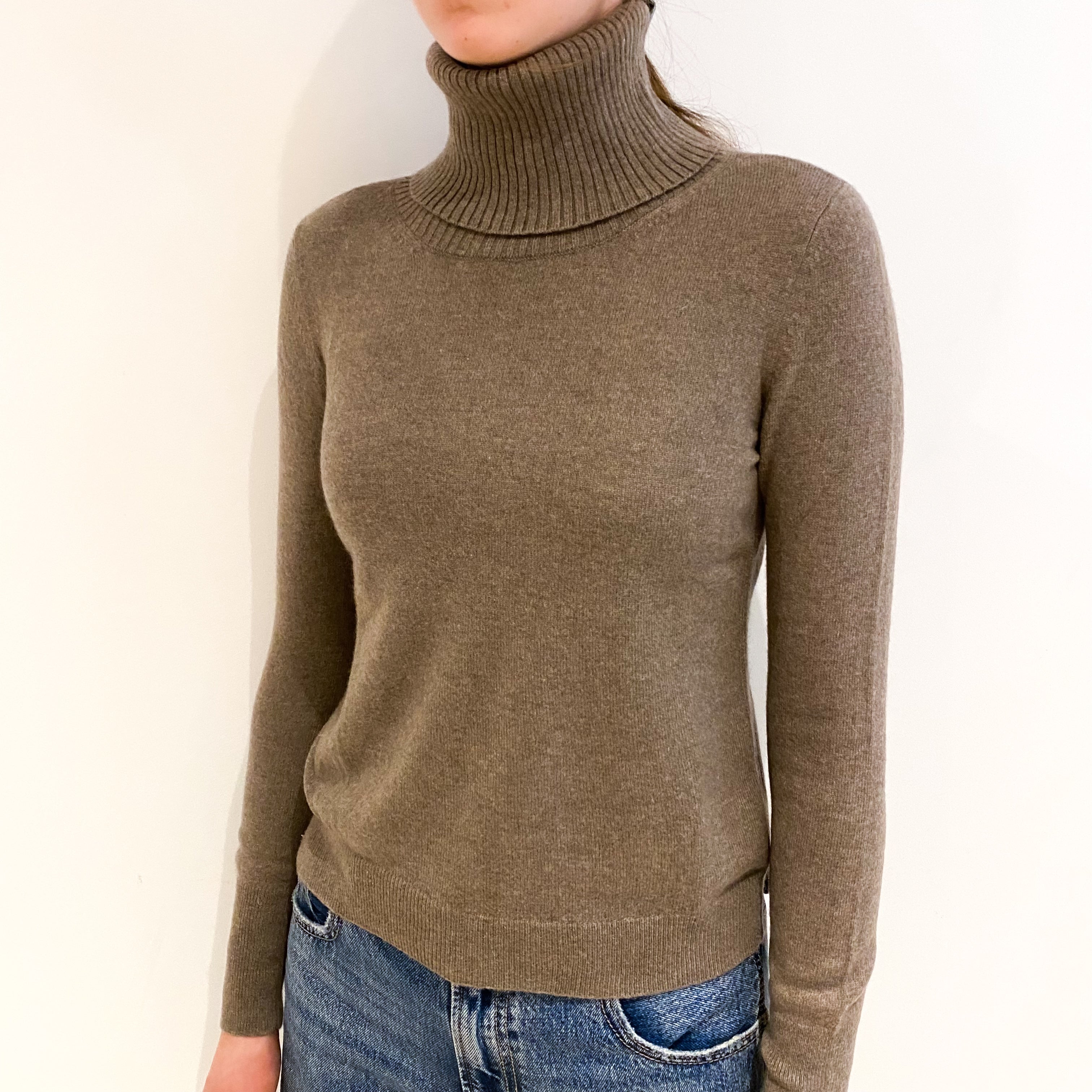 Taupe Brown Cashmere Polo Neck Jumper Extra Small