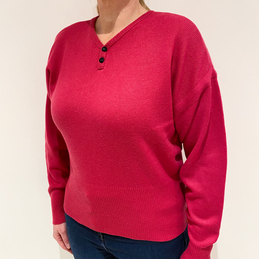 Fuchsia Pink Cashmere Button V-Neck Jumper Large