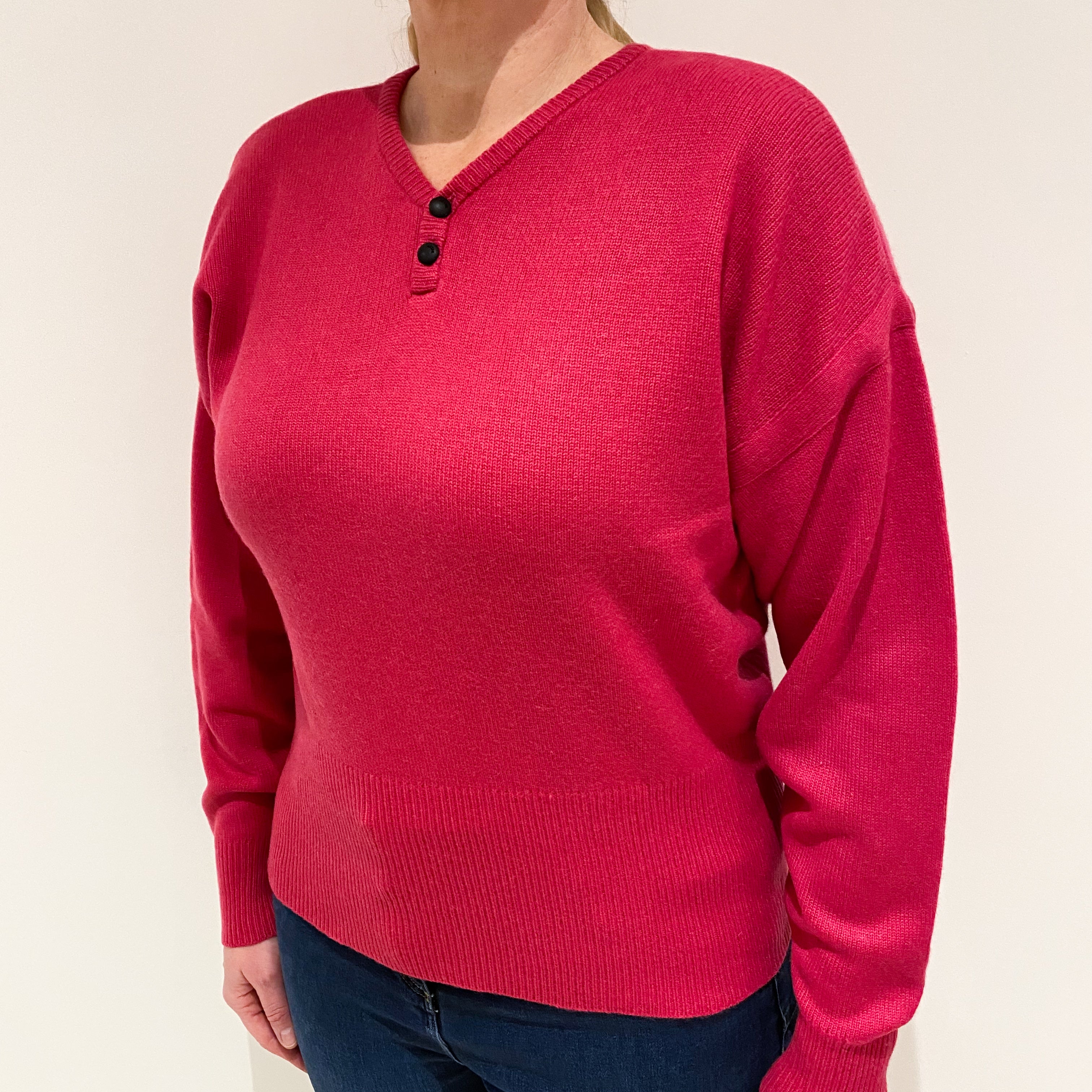 Fuchsia Pink Cashmere Button V-Neck Jumper Large