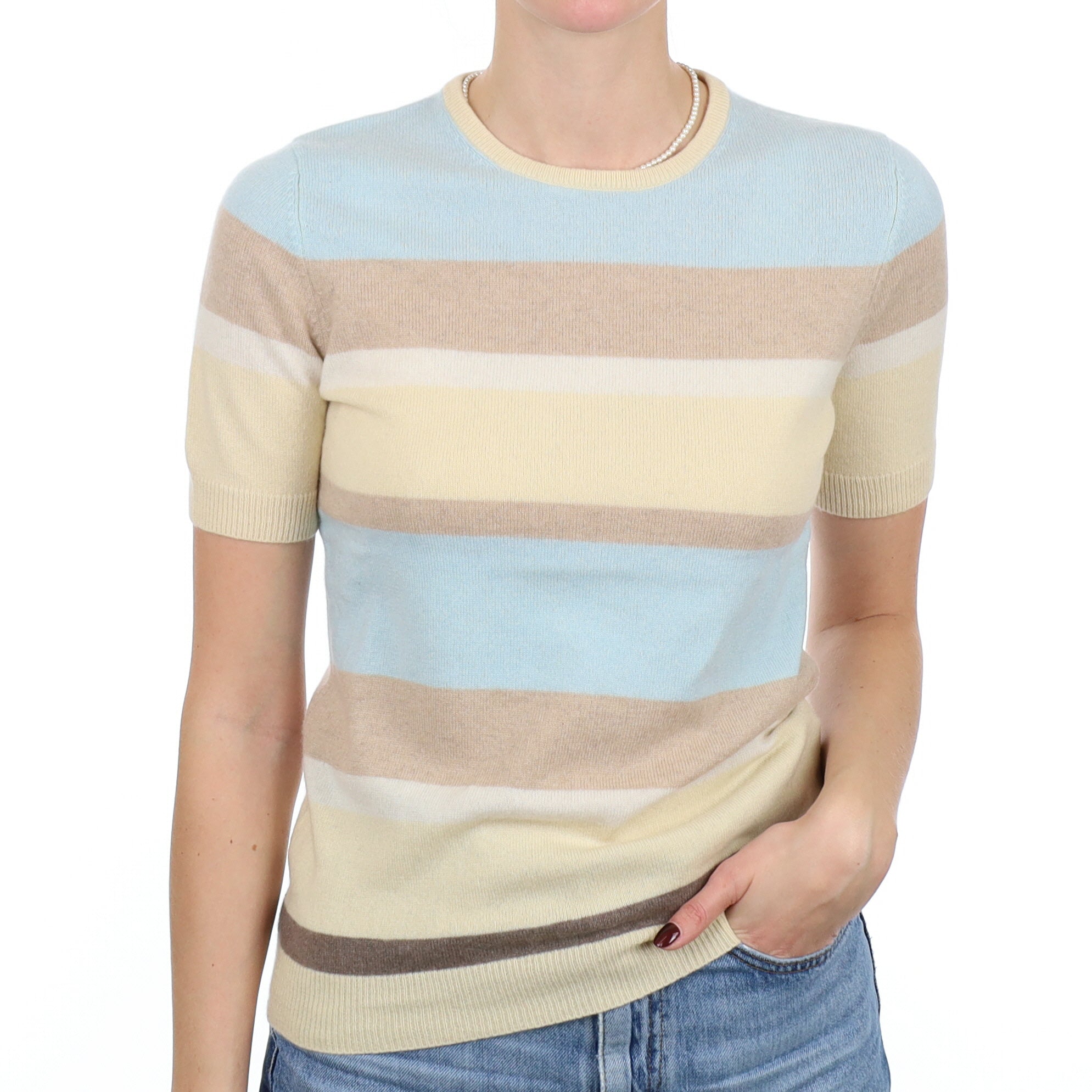Blue Caramel Stripe Cashmere Short Sleeve Crew Neck Jumper Small