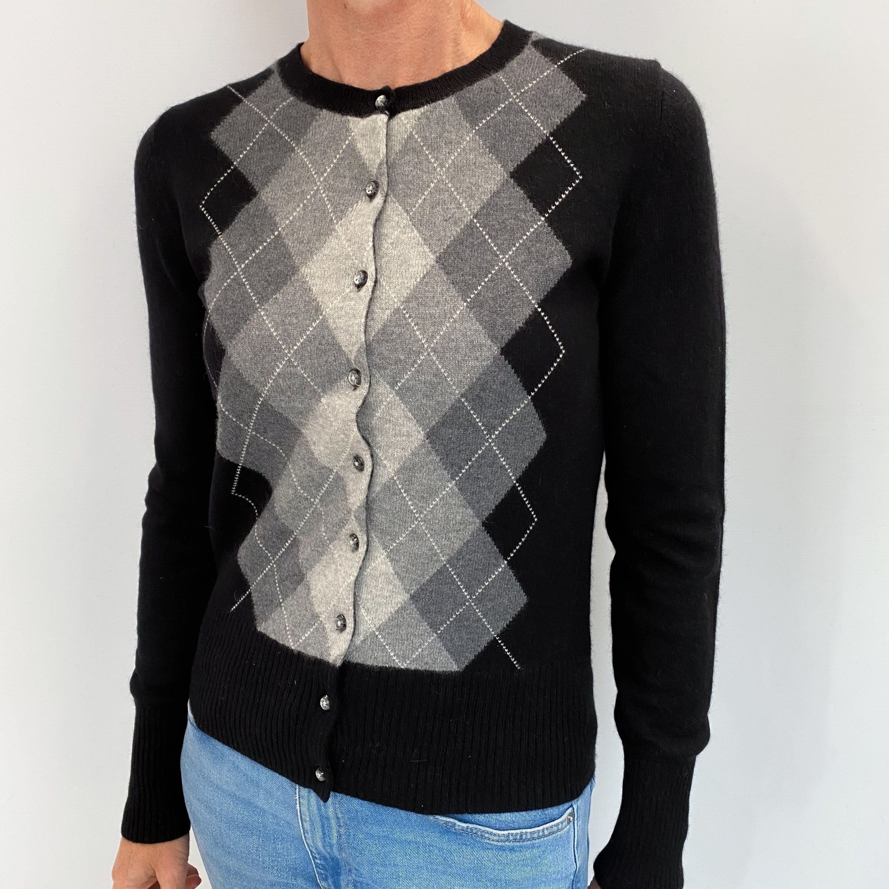 Black Argyle Cashmere Crew Neck Cardigan Small