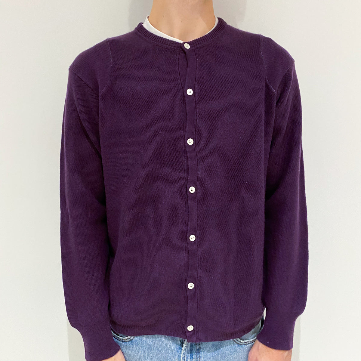 Men's Blueberry Purple Waffle Cashmere Crew Neck Cardigan Large