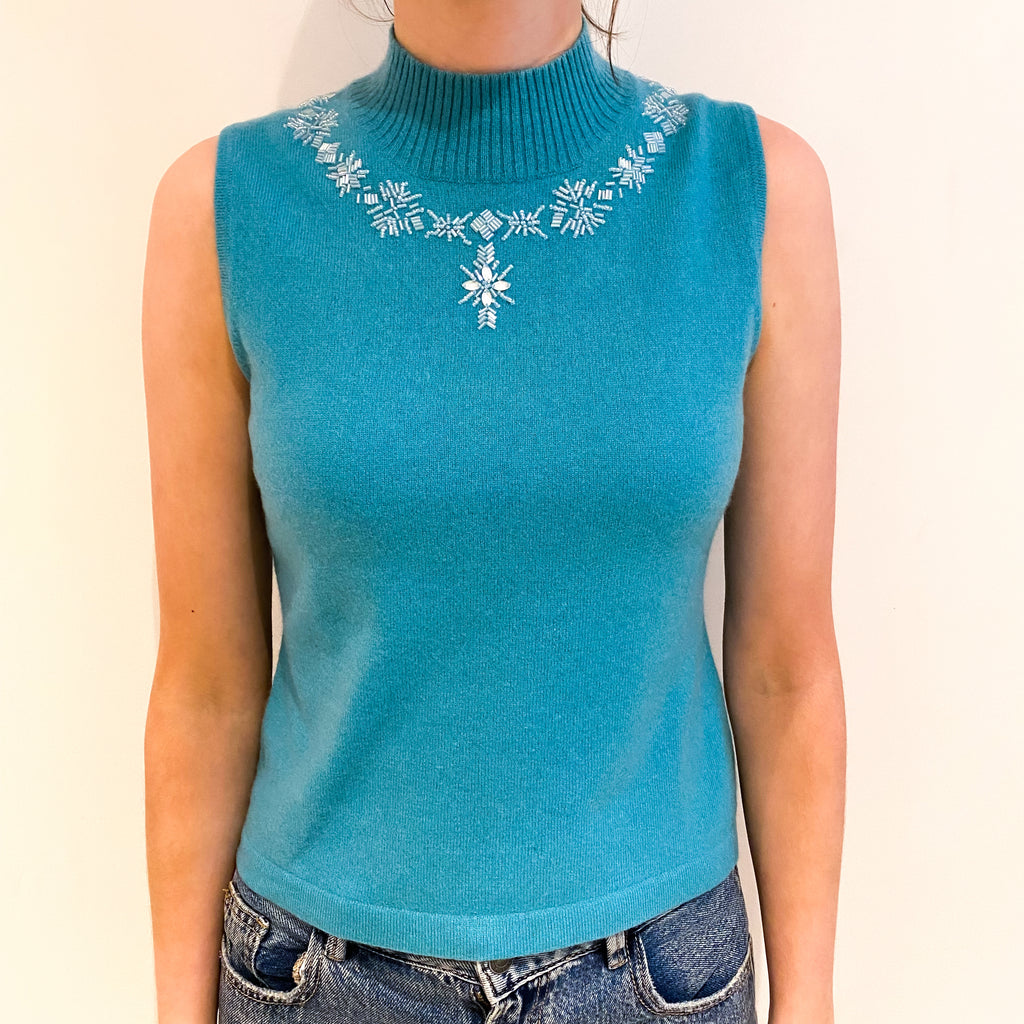 Aquamarine Blue Snowflake Cashmere Turtle Neck Sleeveless Jumper Extra Small