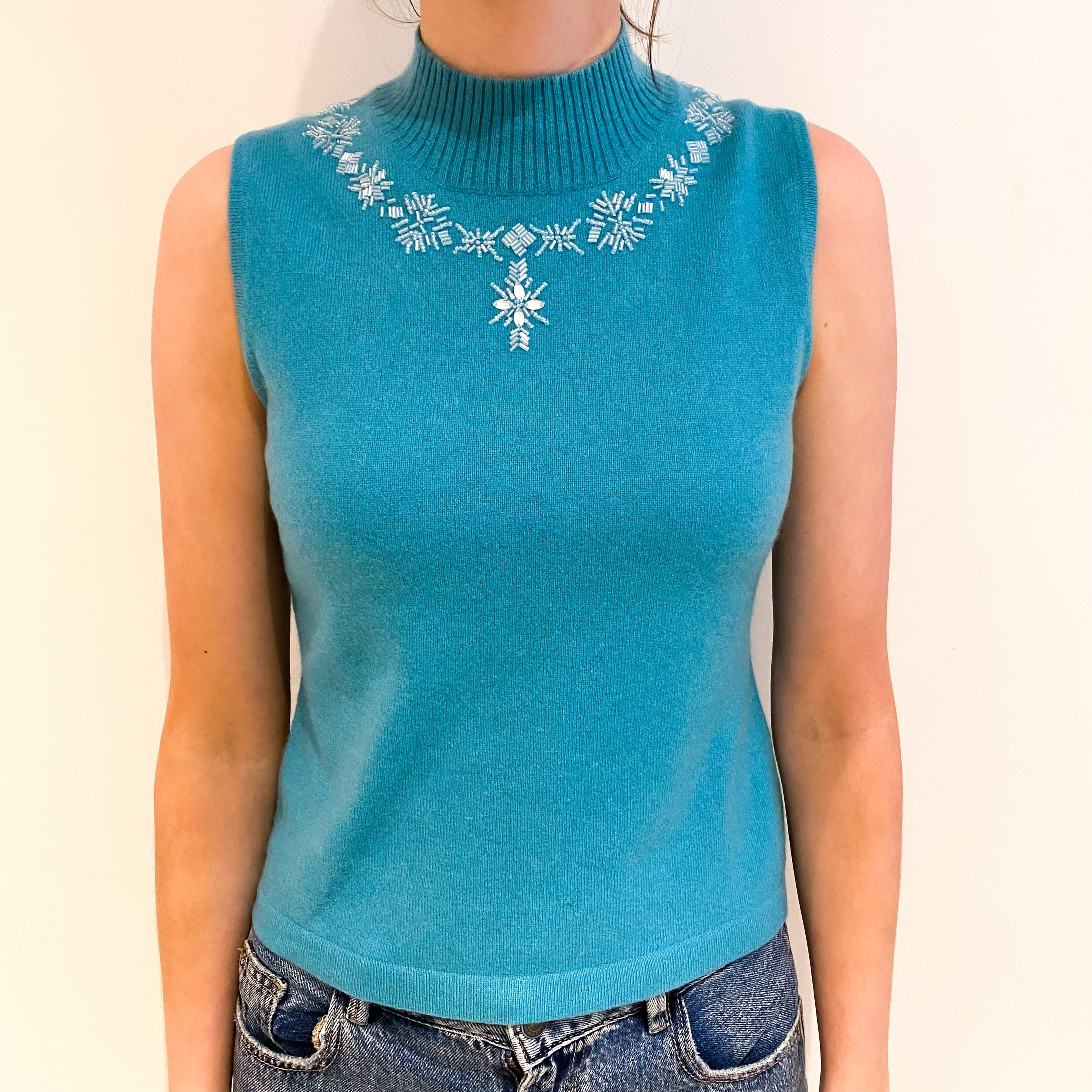 Aquamarine Blue Snowflake Cashmere Turtle Neck Sleeveless Jumper Extra Small