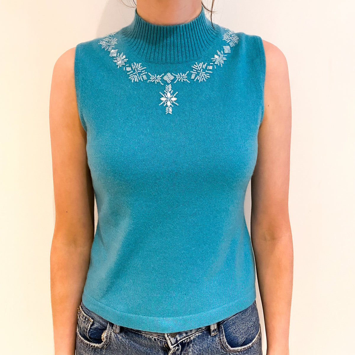 Aquamarine Blue Snowflake Cashmere Turtle Neck Sleeveless Jumper Extra Small