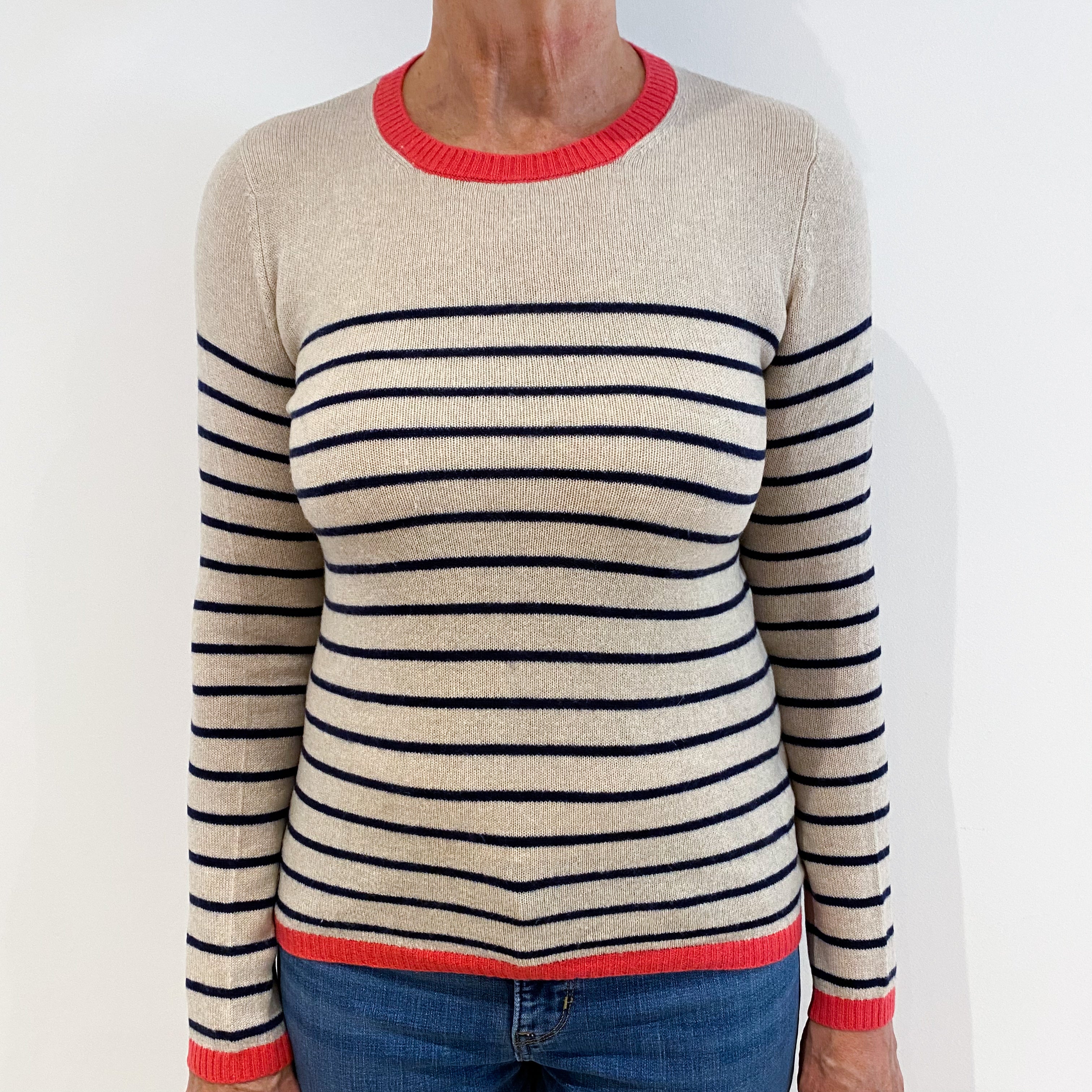 Oatmeal with Navy Stripes Cashmere Crew Neck Jumper Medium