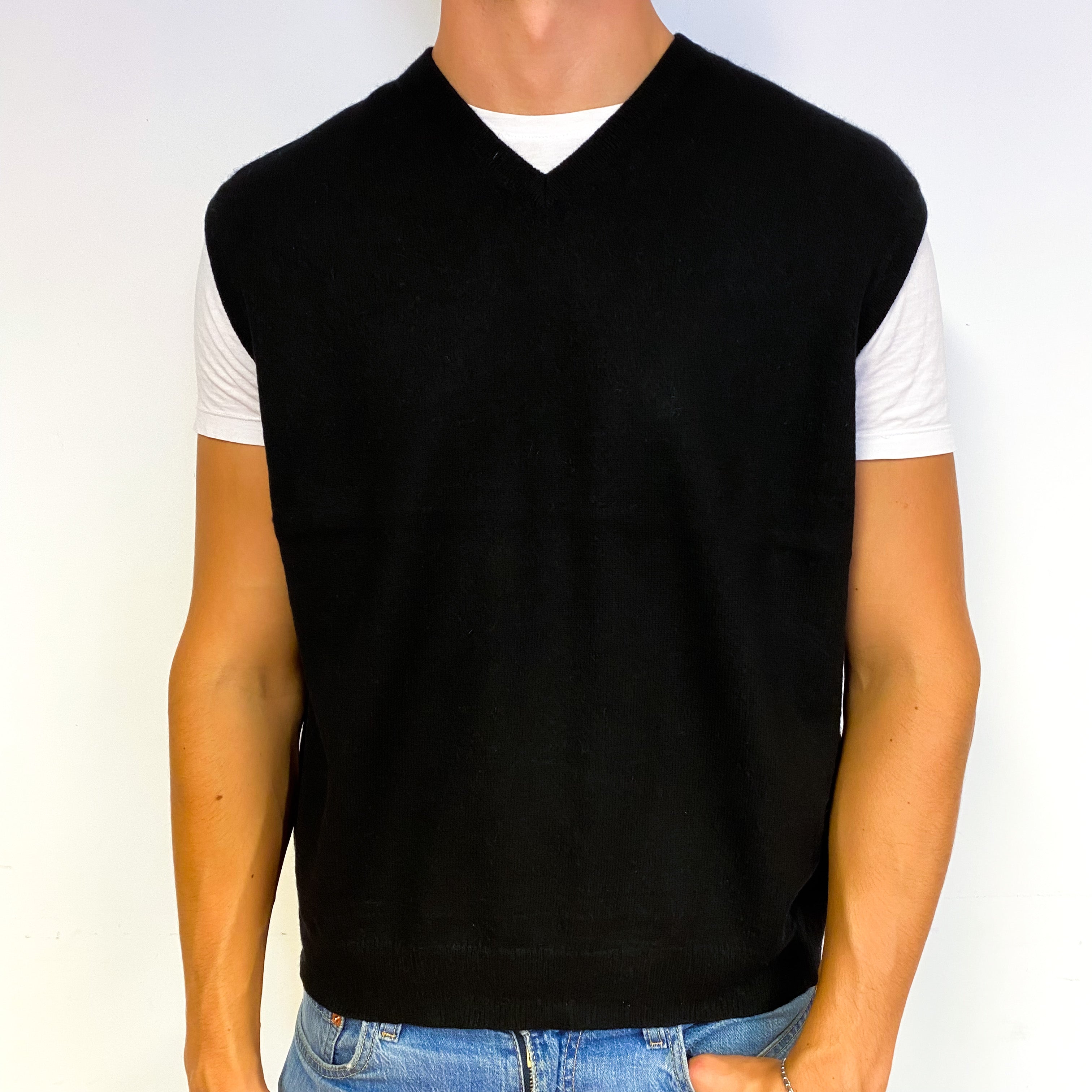 Men's Black Cashmere V-Neck Tank Top Extra Large