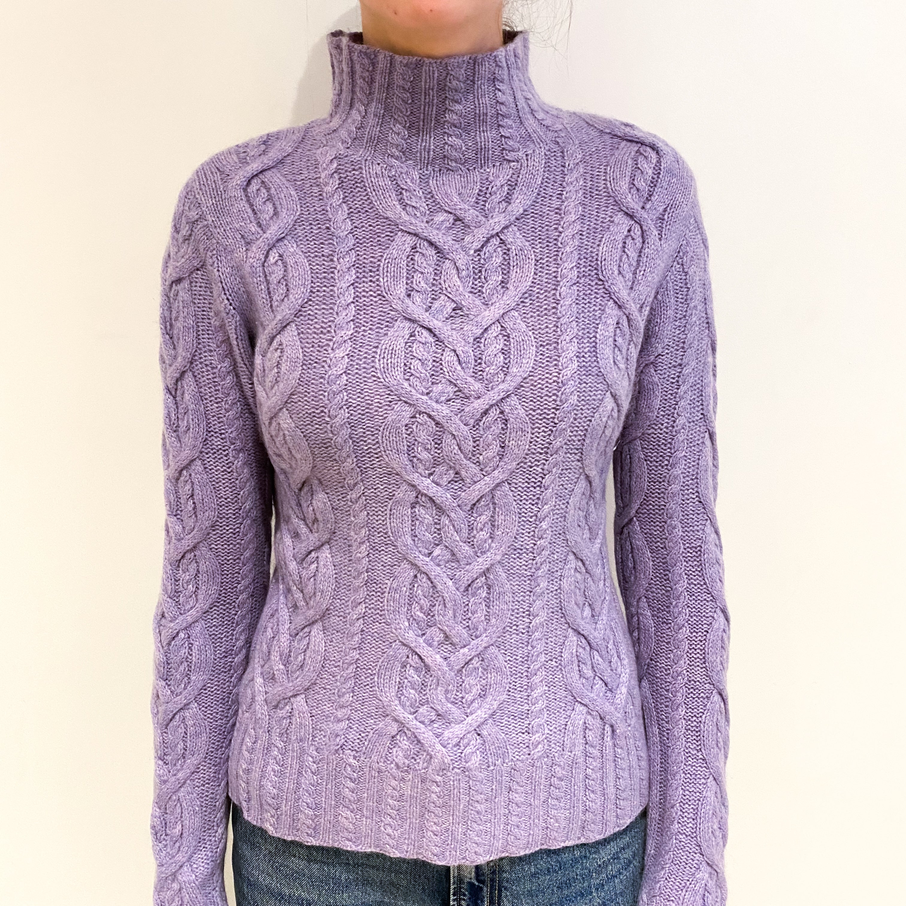Lavender Purple Cashmere Chunky Cable Funnel Neck Jumper Extra Small