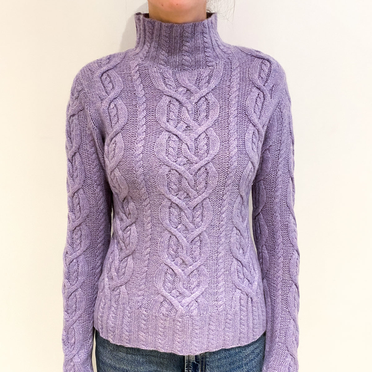Lavender Purple Cashmere Chunky Cable Funnel Neck Jumper Extra Small