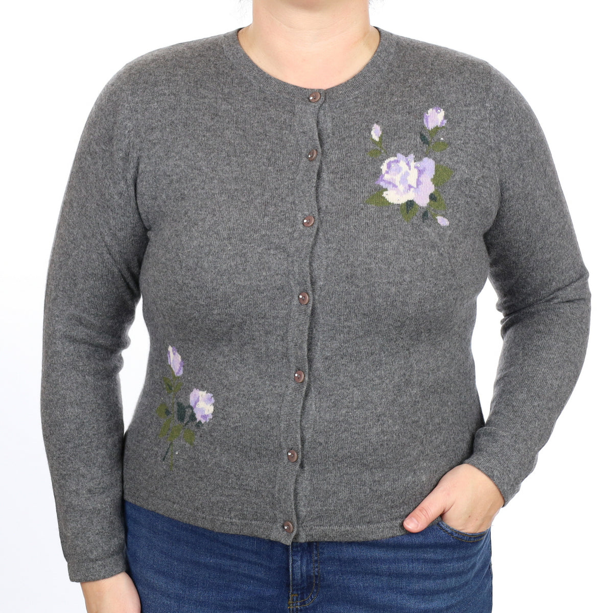 Slate Grey Floral Cashmere Crew Neck Cardigan Large