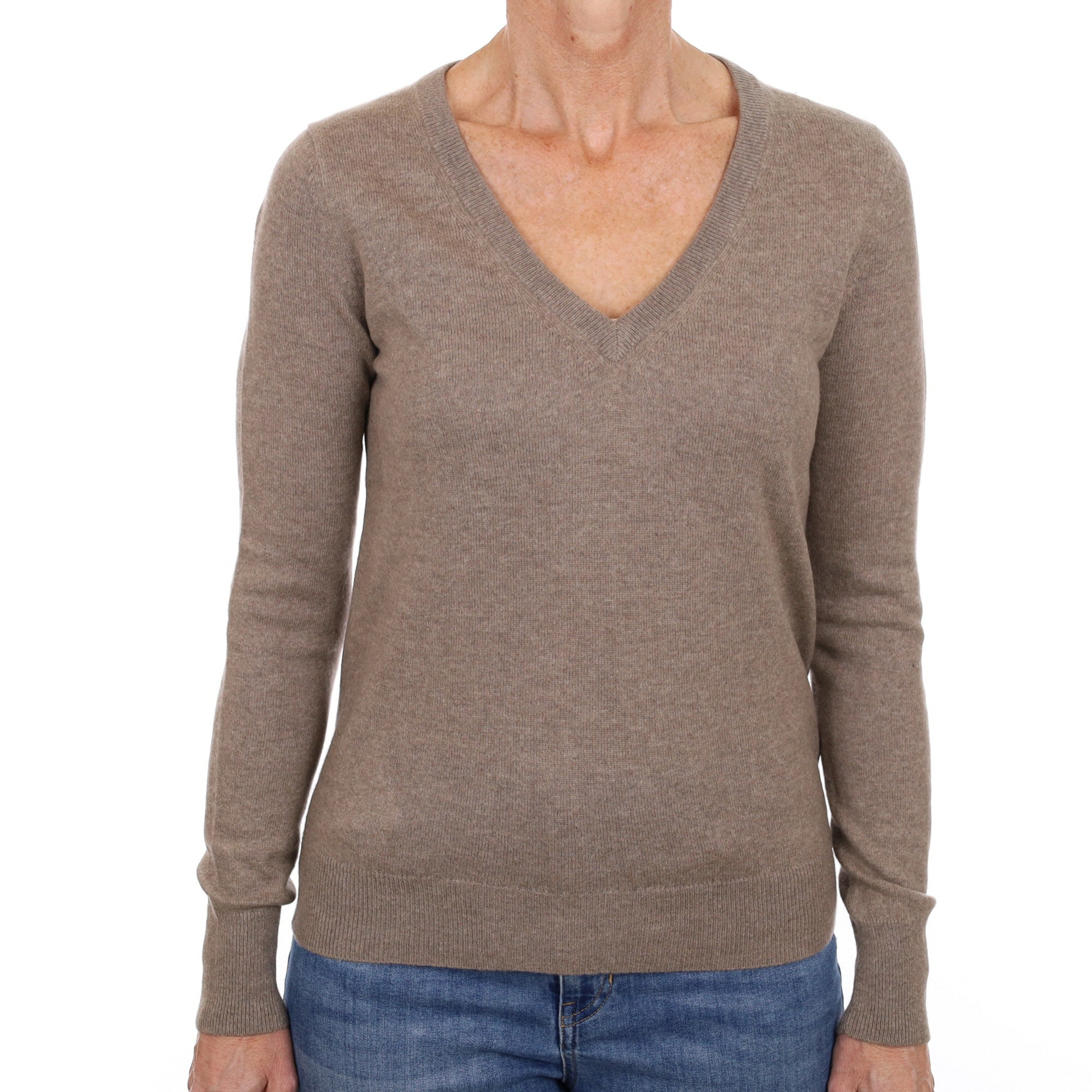Taupe Brown Cashmere V Neck Jumper Small