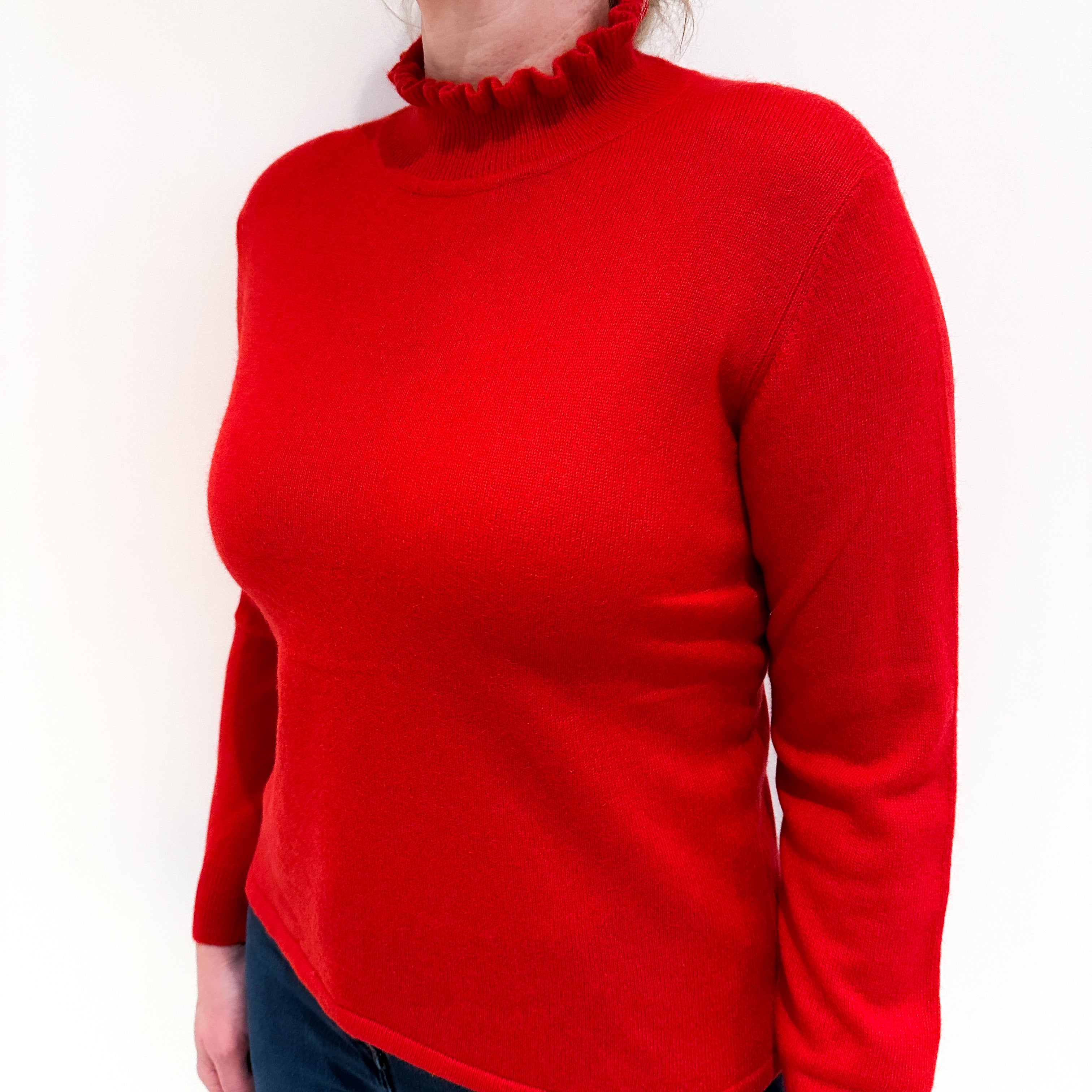 Vermillion Red Cashmere Frill Trimmed Turtle Neck Jumper Large