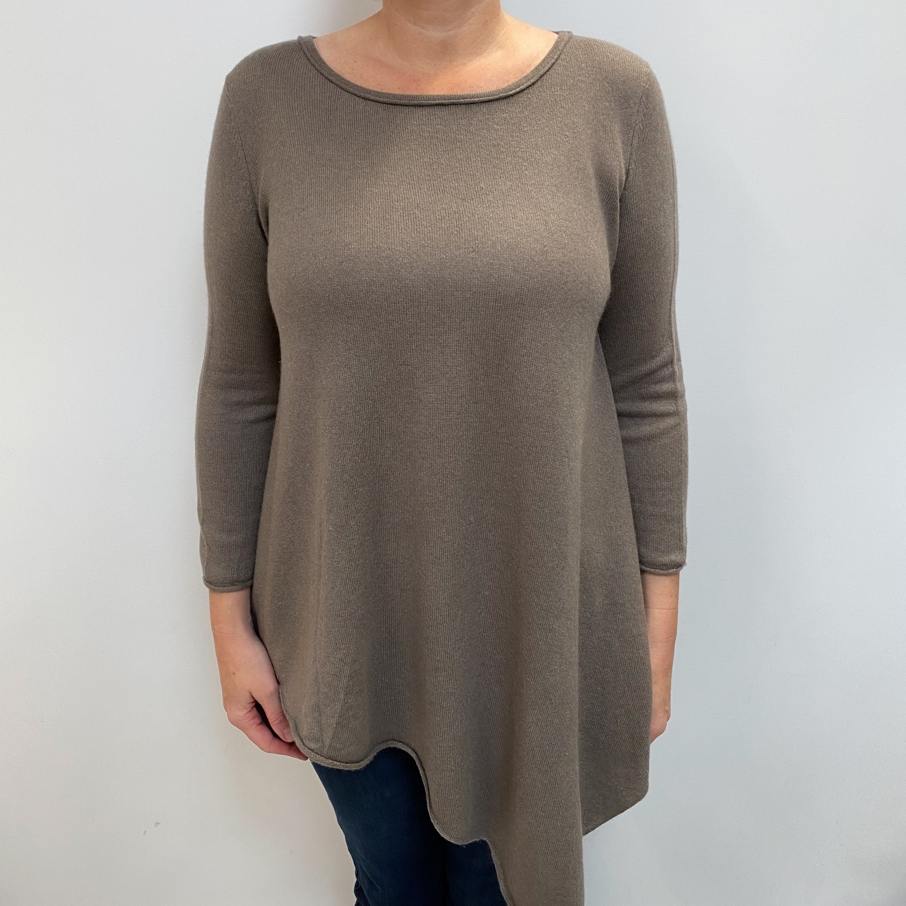 Stone Brown Cashmere Asymmetric Crew Neck Jumper Large