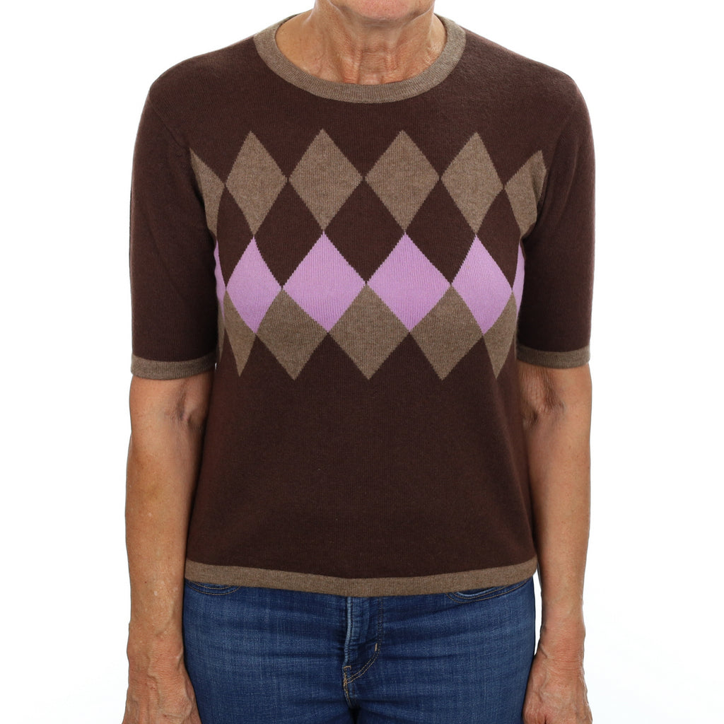 Chocolate Brown Diamond Cashmere Crew Neck Short Sleeved Jumper Medium