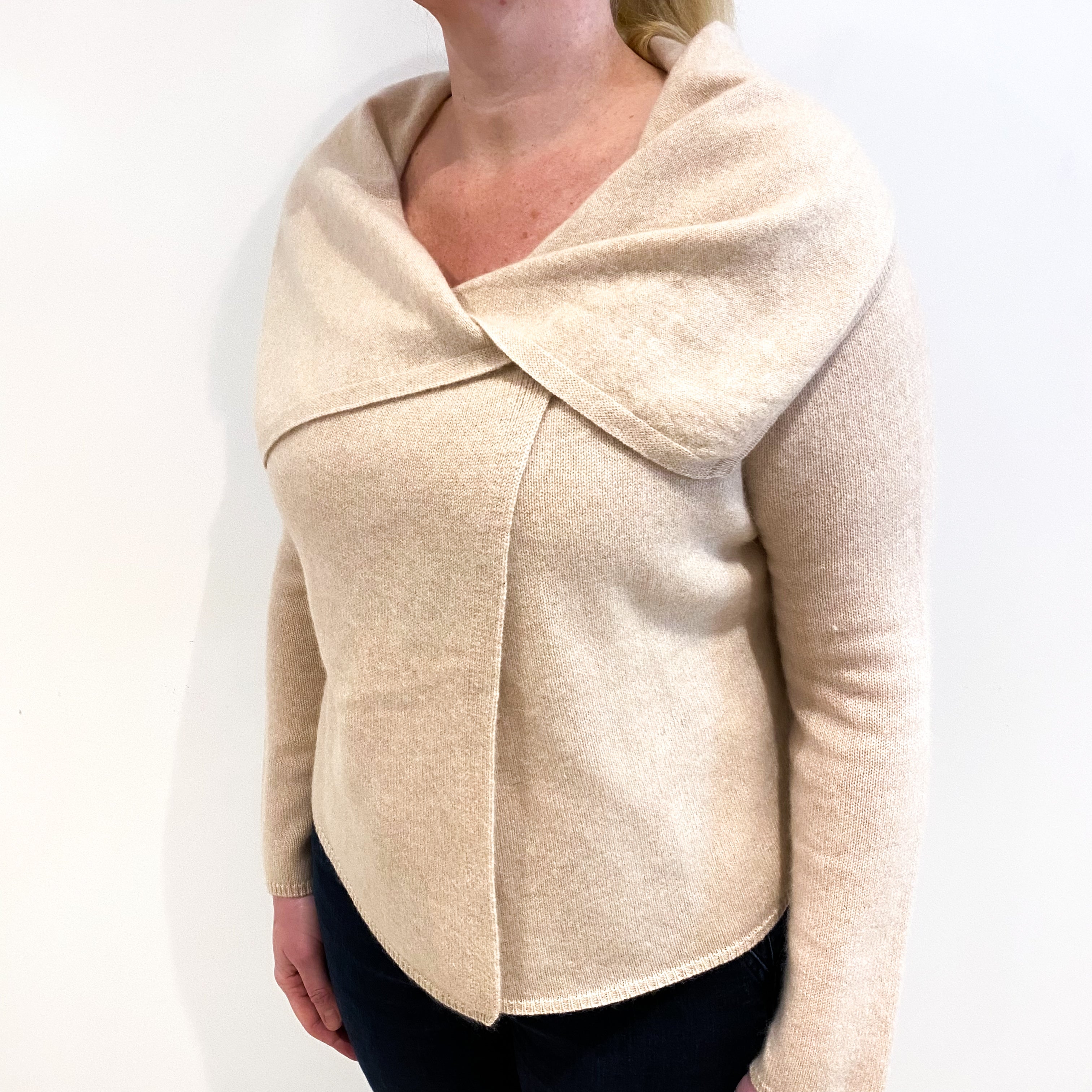 Buff Beige Cashmere Cross Over Cardigan With Collar Large