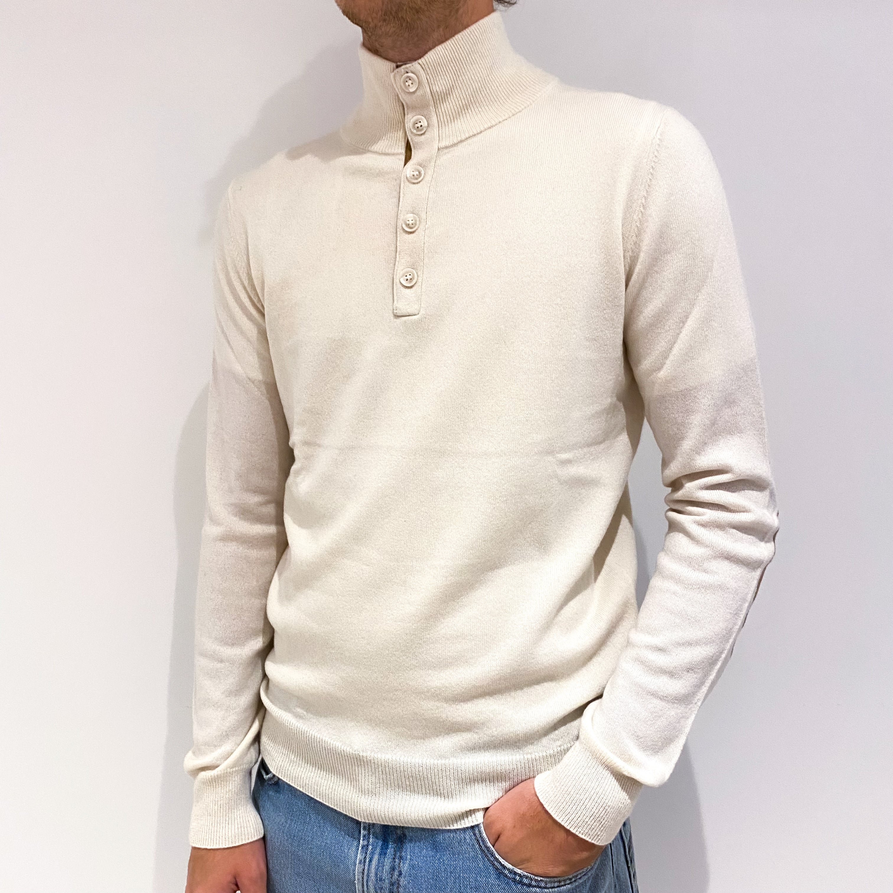Men's Cream Cashmere Buttoned Turtle Neck Jumper Medium